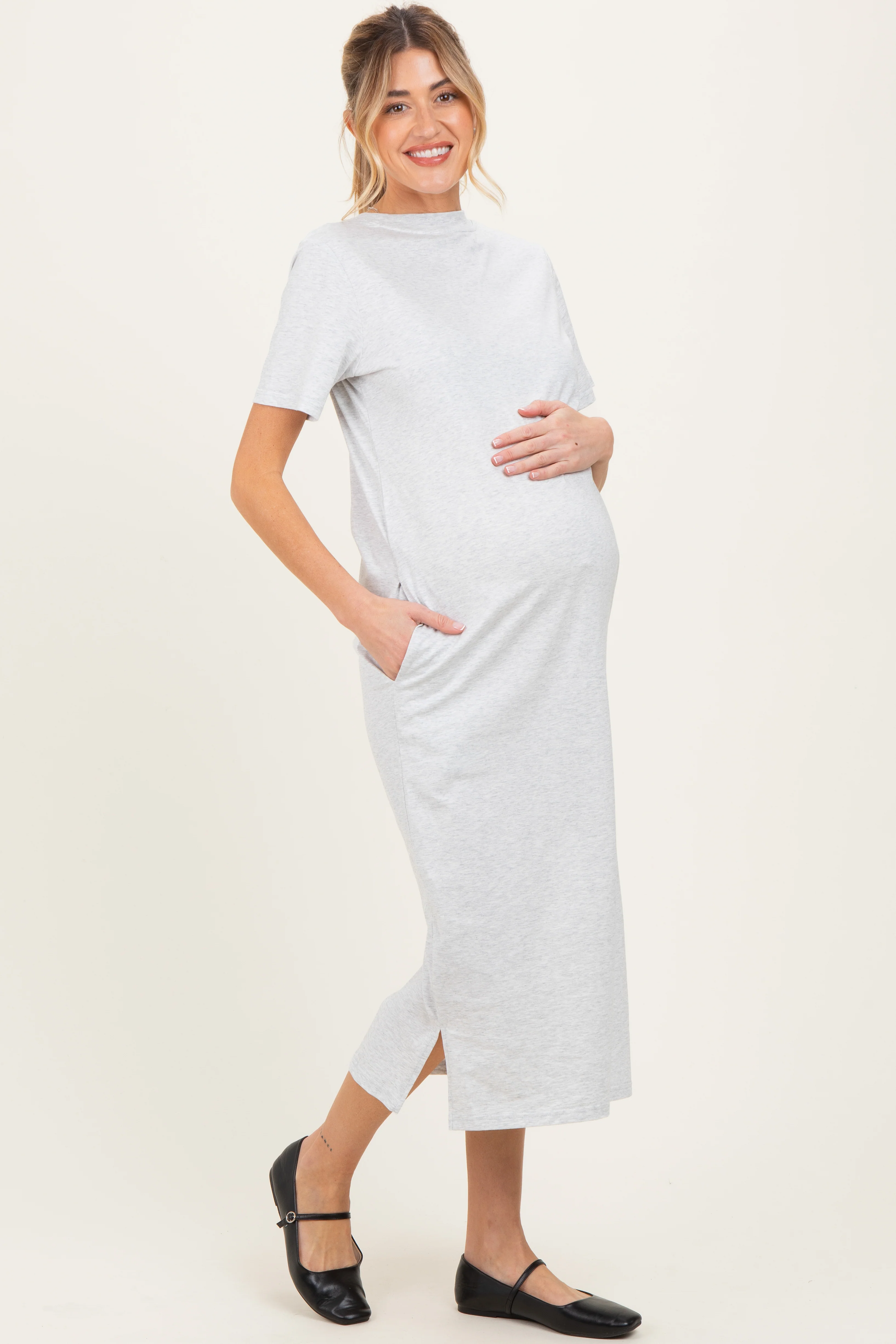 Heather Grey Cotton T-Shirt Maternity Midi Dress - Image 3