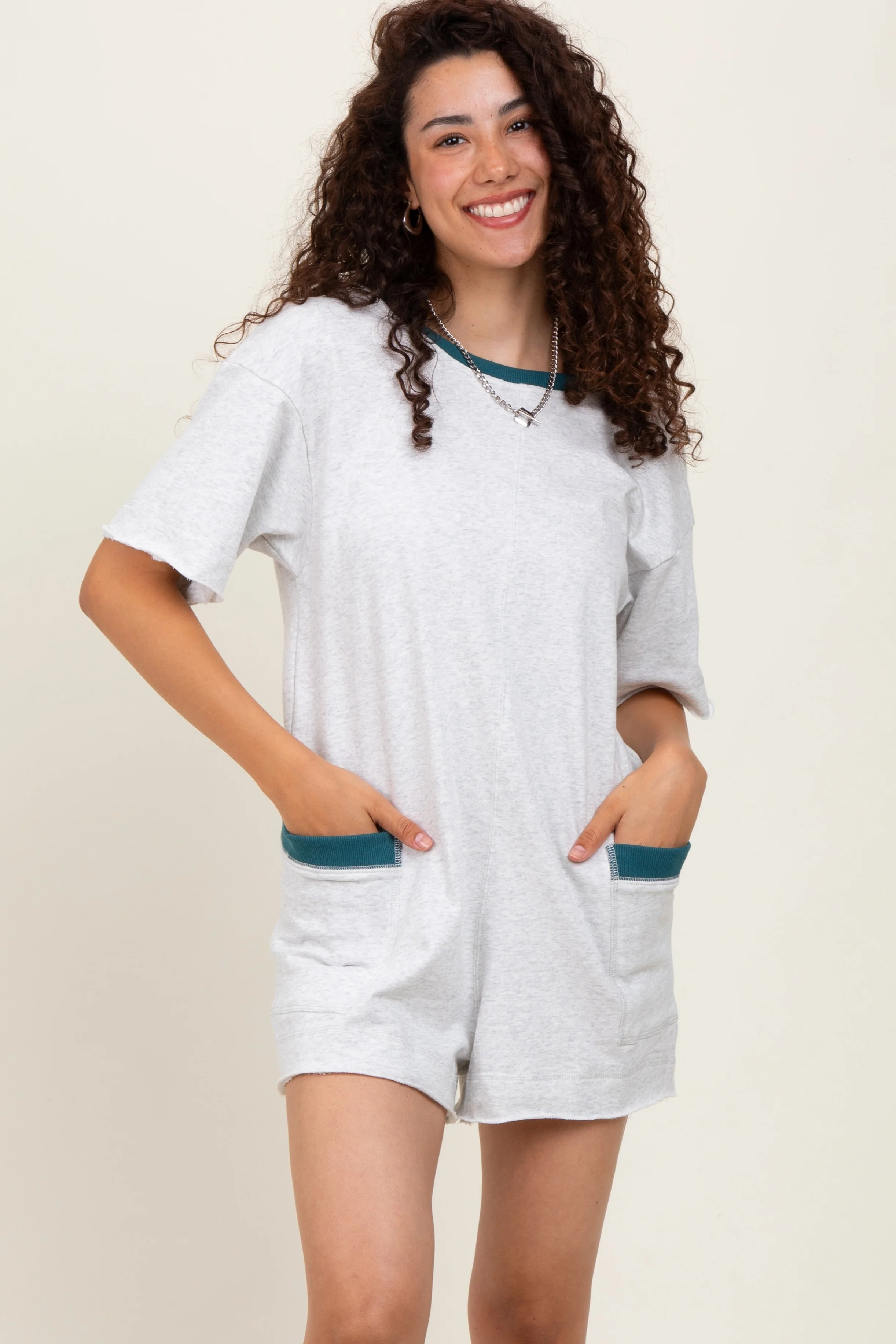 Heather Grey Cotton Terry Contrast Band Short Maternity Romper - Image 5
