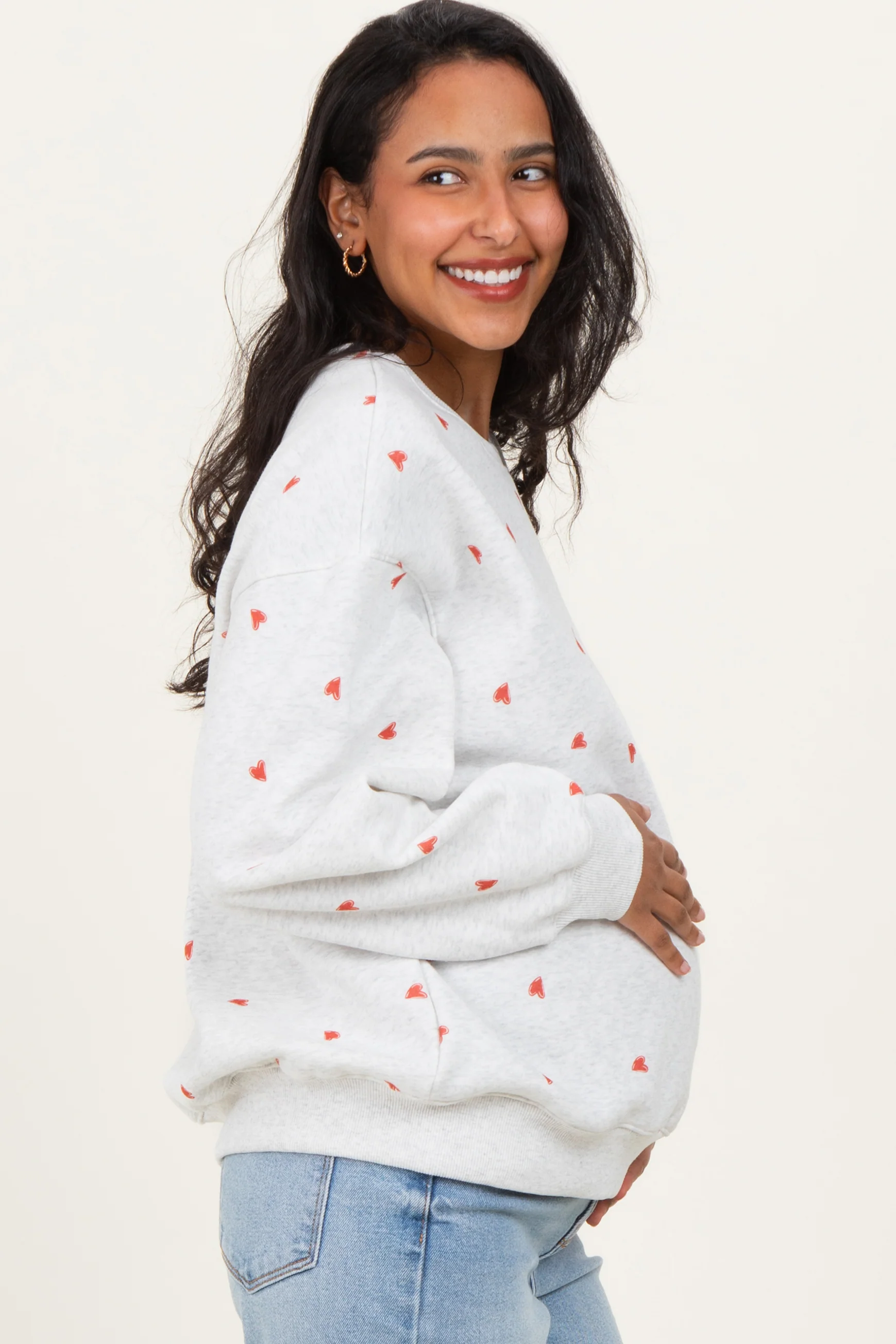 Heather Grey Crew Neck Heart Print Maternity Sweatshirt - Image 3