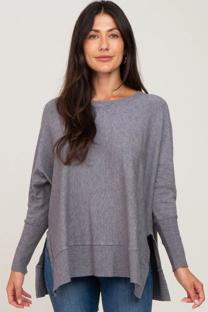 Heather Grey Dolman Sleeve Side Slit Maternity Sweater - Image 5