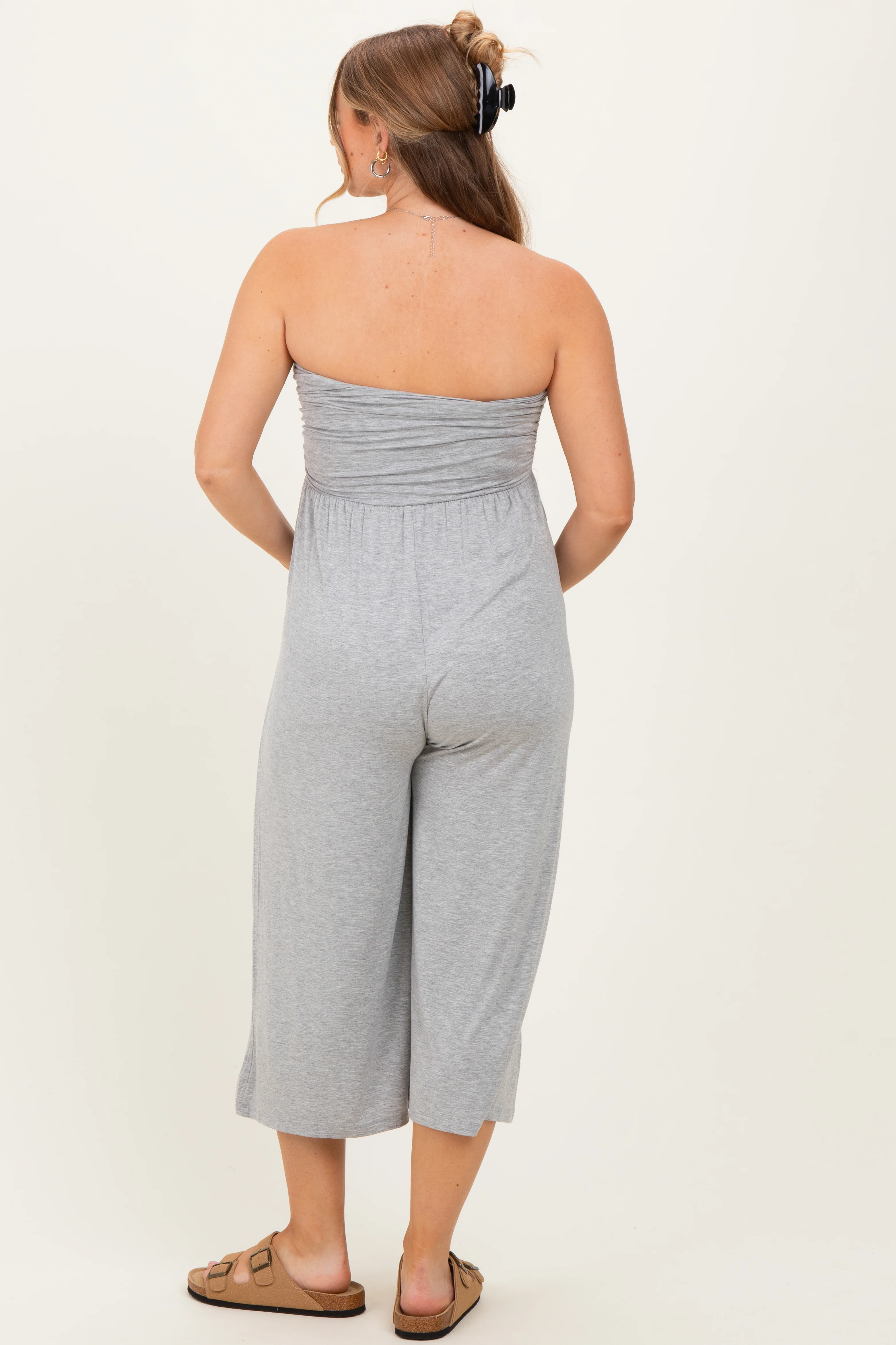 Heather Grey Double Layered Strapless Tube Top Maternity Jumpsuit - Image 3