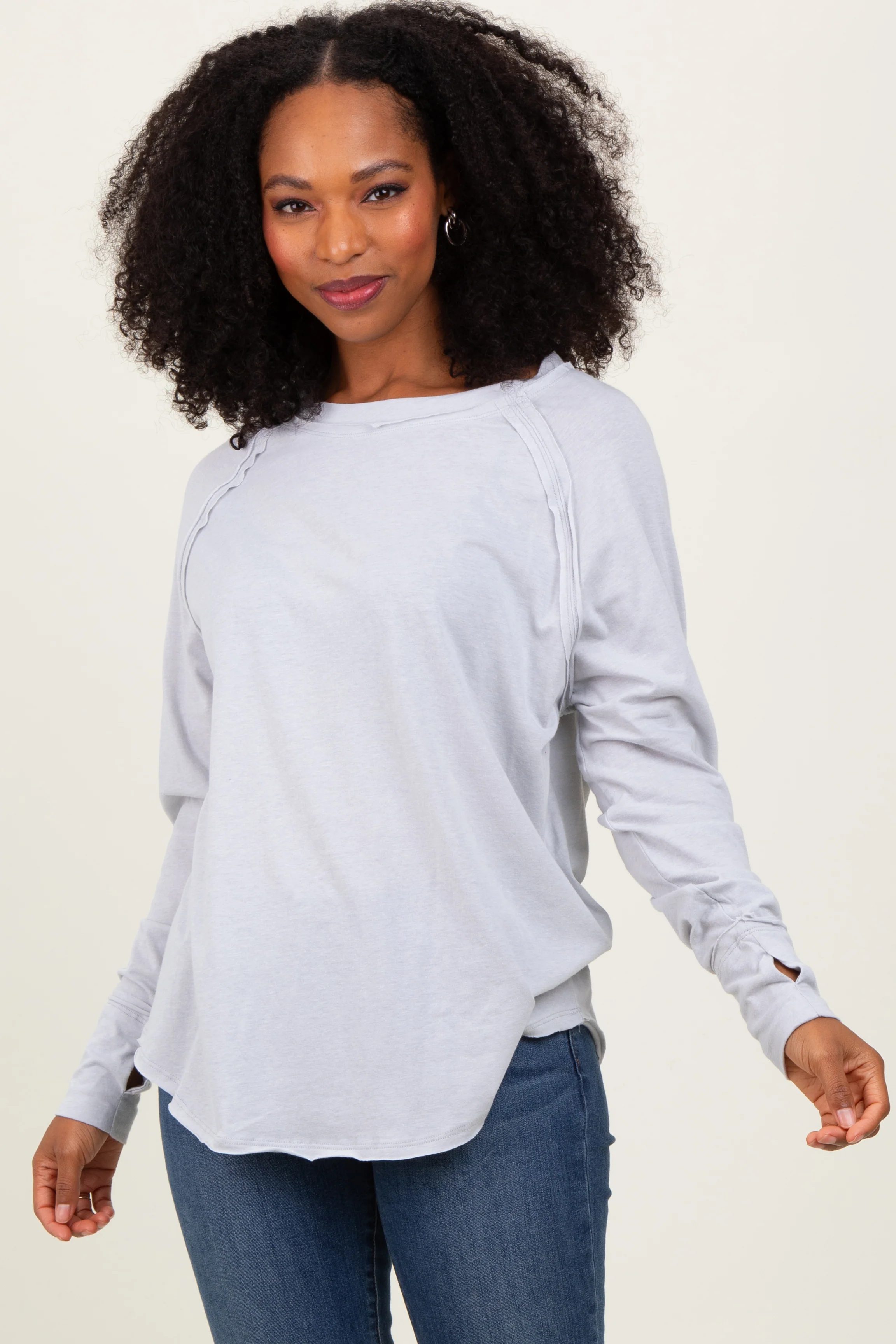 Heather Grey Exposed Seam Long Sleeve Top - Image 2