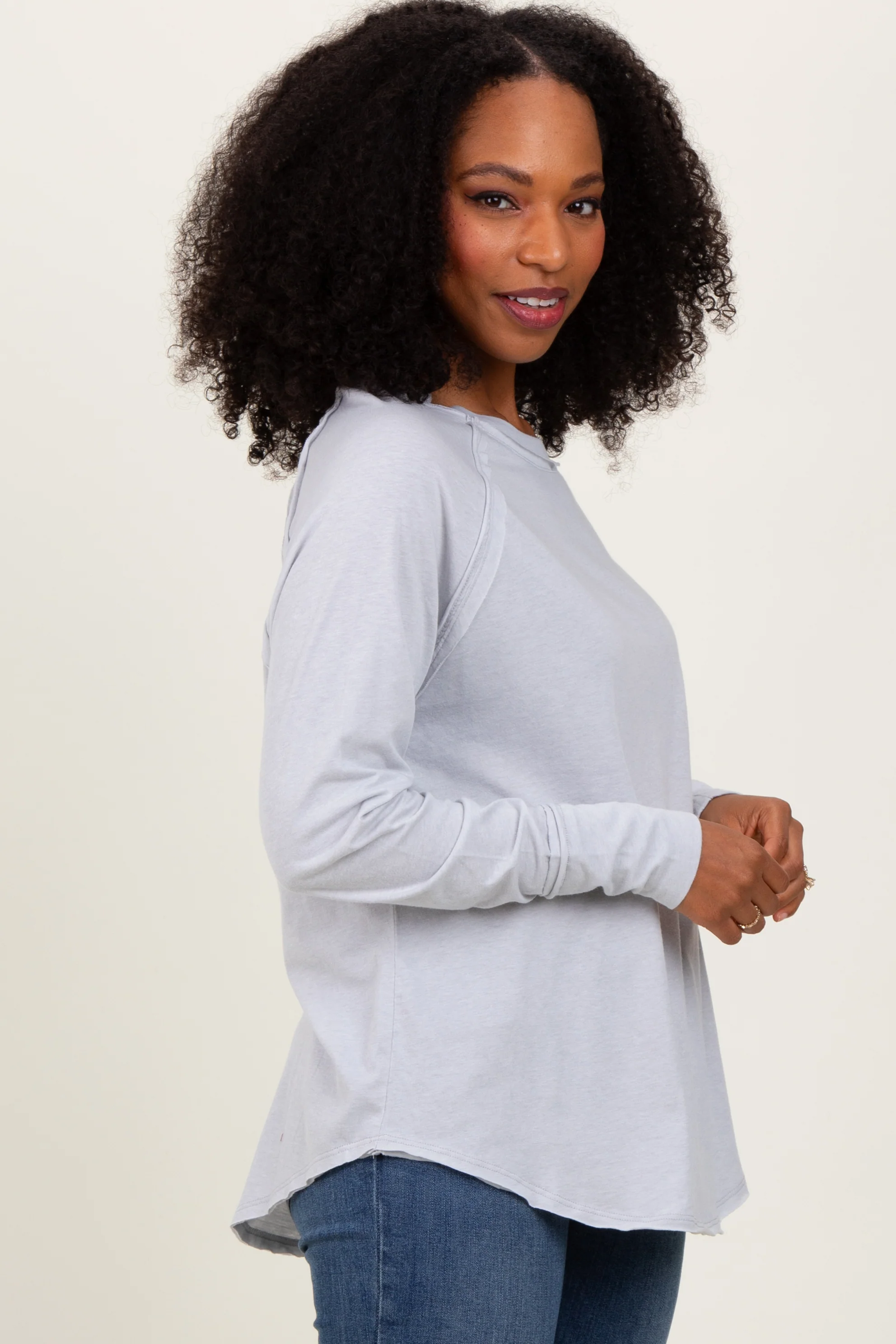Heather Grey Exposed Seam Long Sleeve Top - Image 3