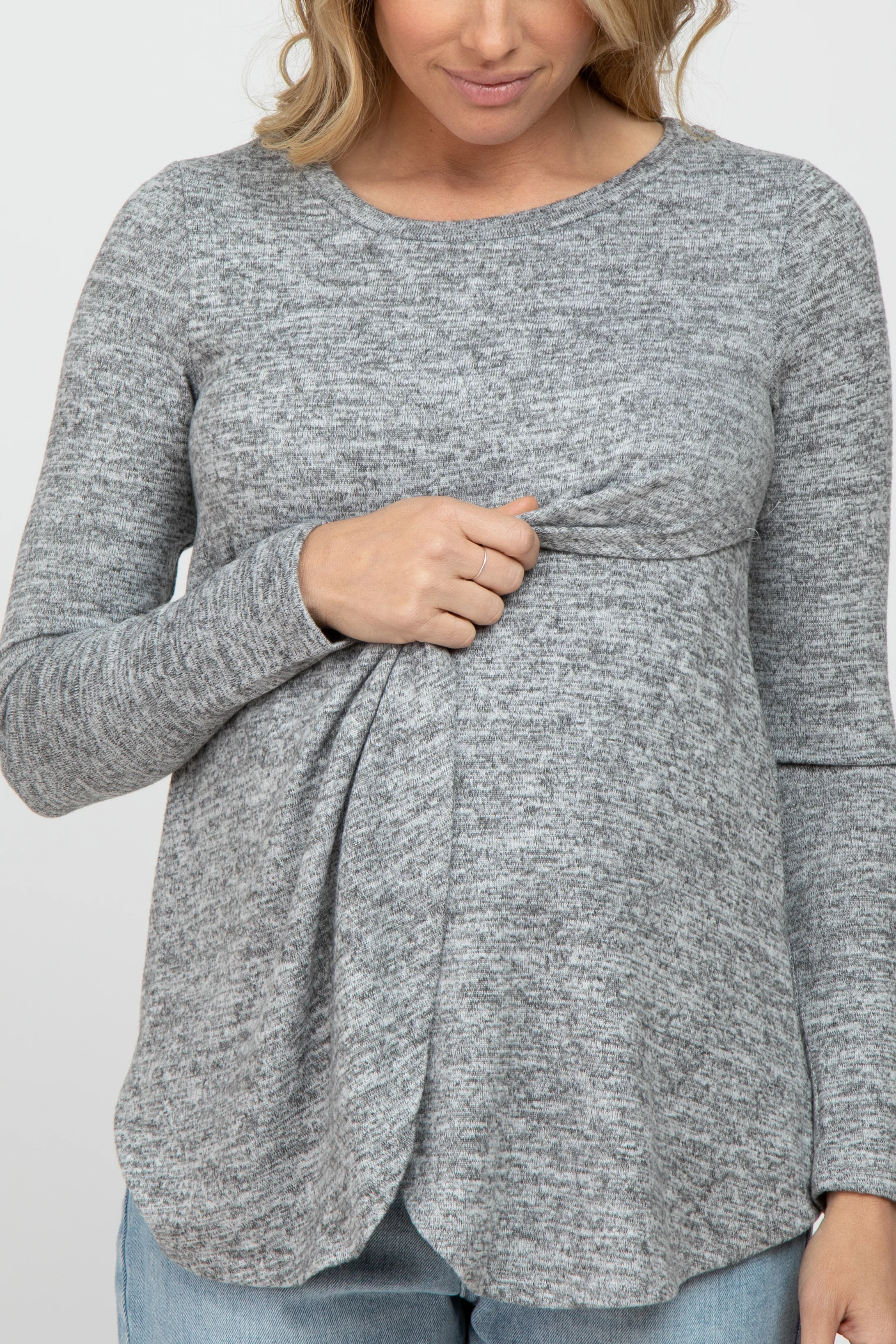 Heather Grey Knit Layered Front Maternity/Nursing Top - Image 5