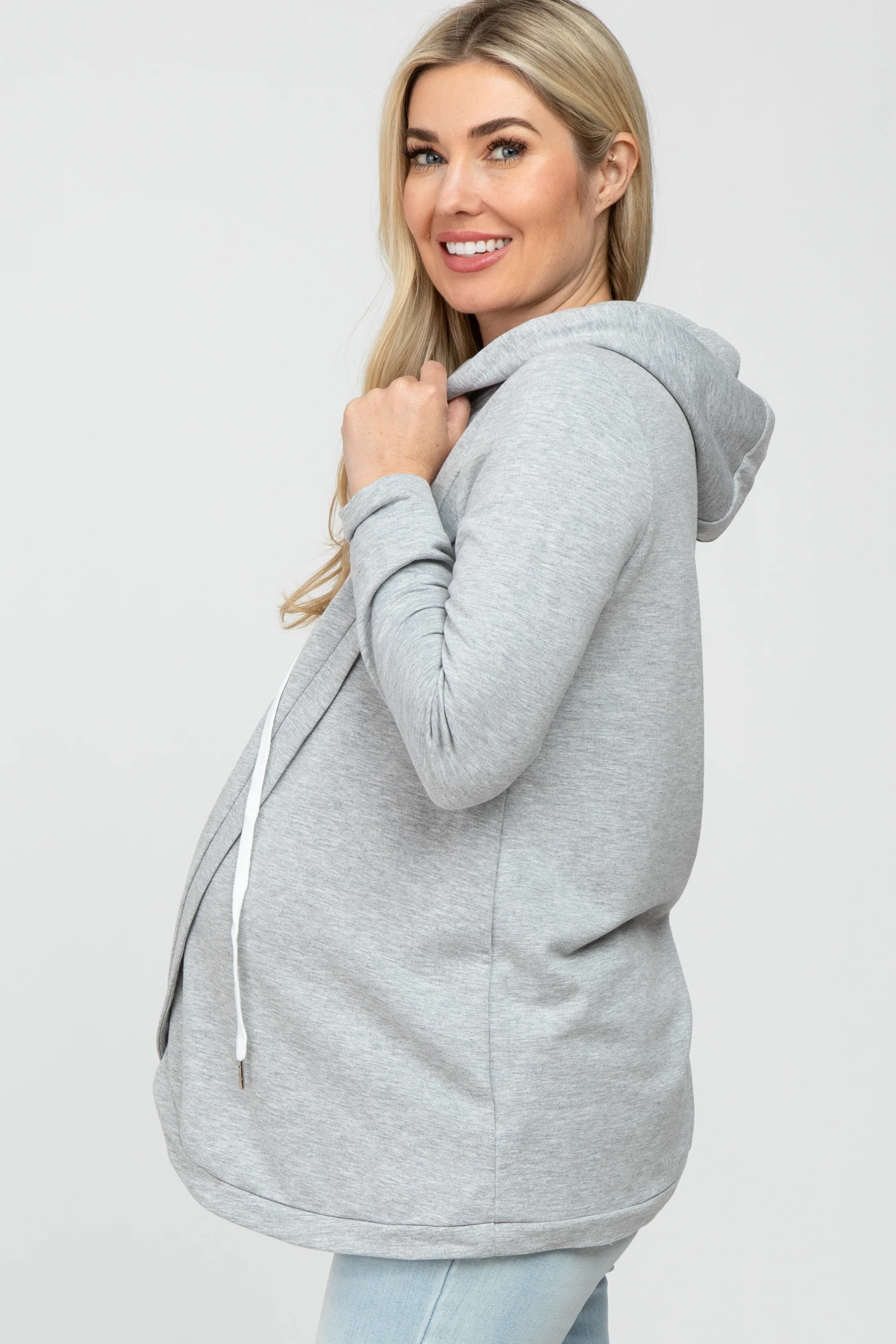 Heather Grey Layered Front Maternity/Nursing Fleece Hoodie - Image 3