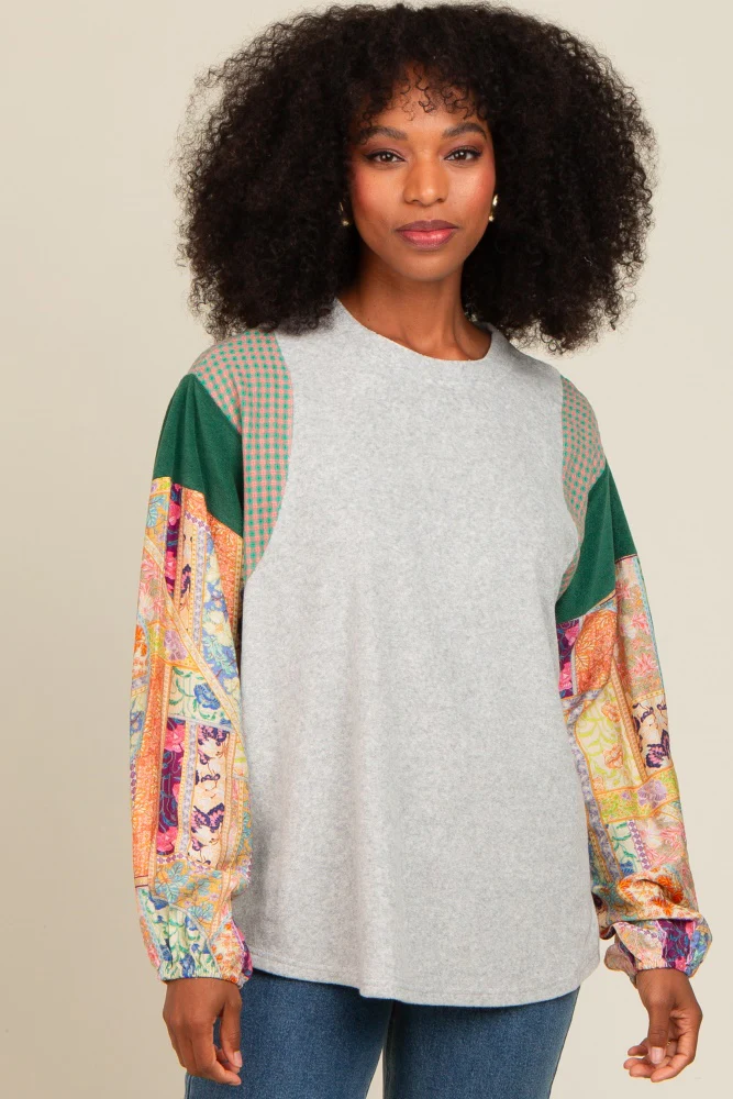 Heather Grey Mixed Print Bubble Sleeve Top - Image 2