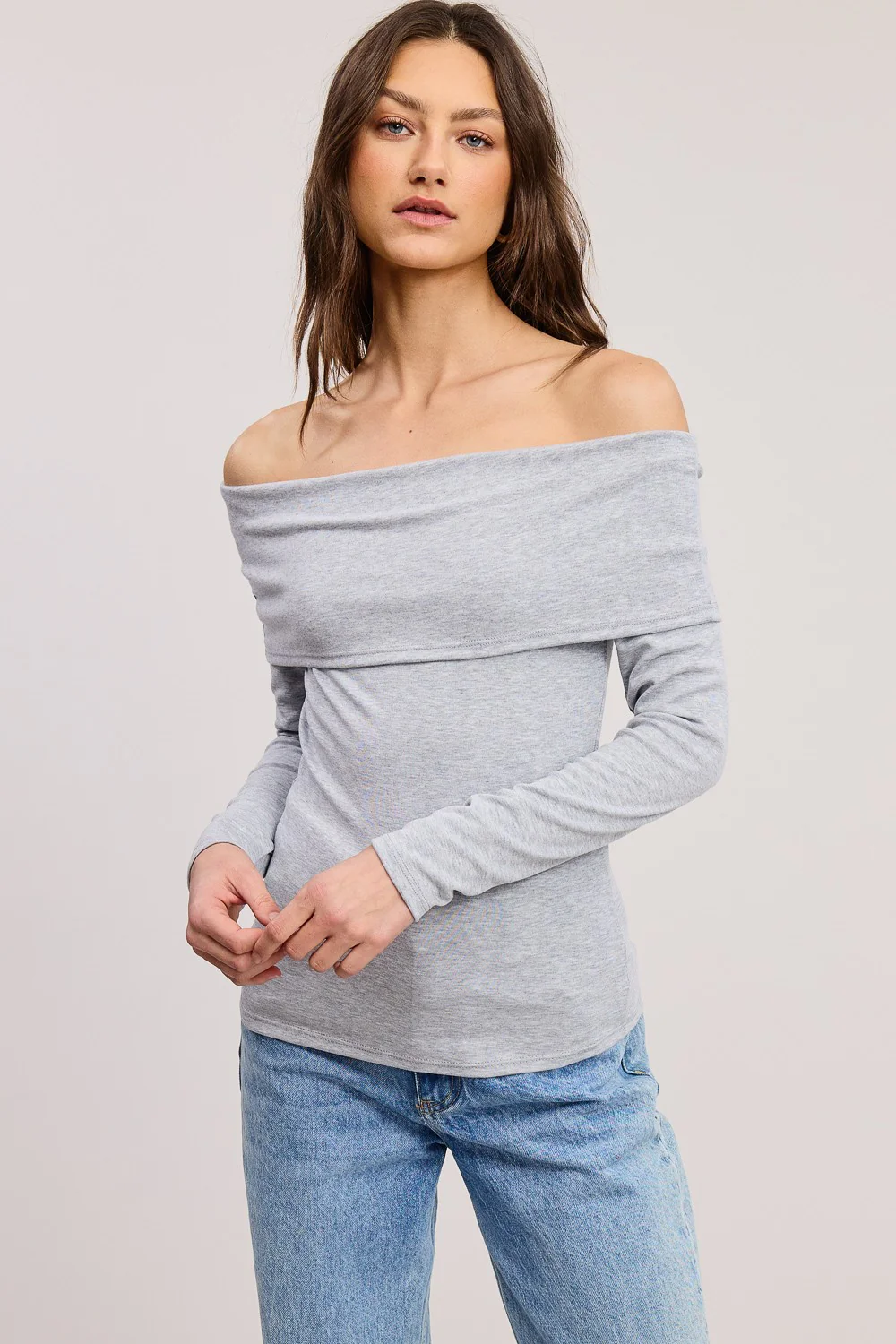 Heather Grey Off Shoulder Foldover Maternity Long Sleeve Top - Image 5