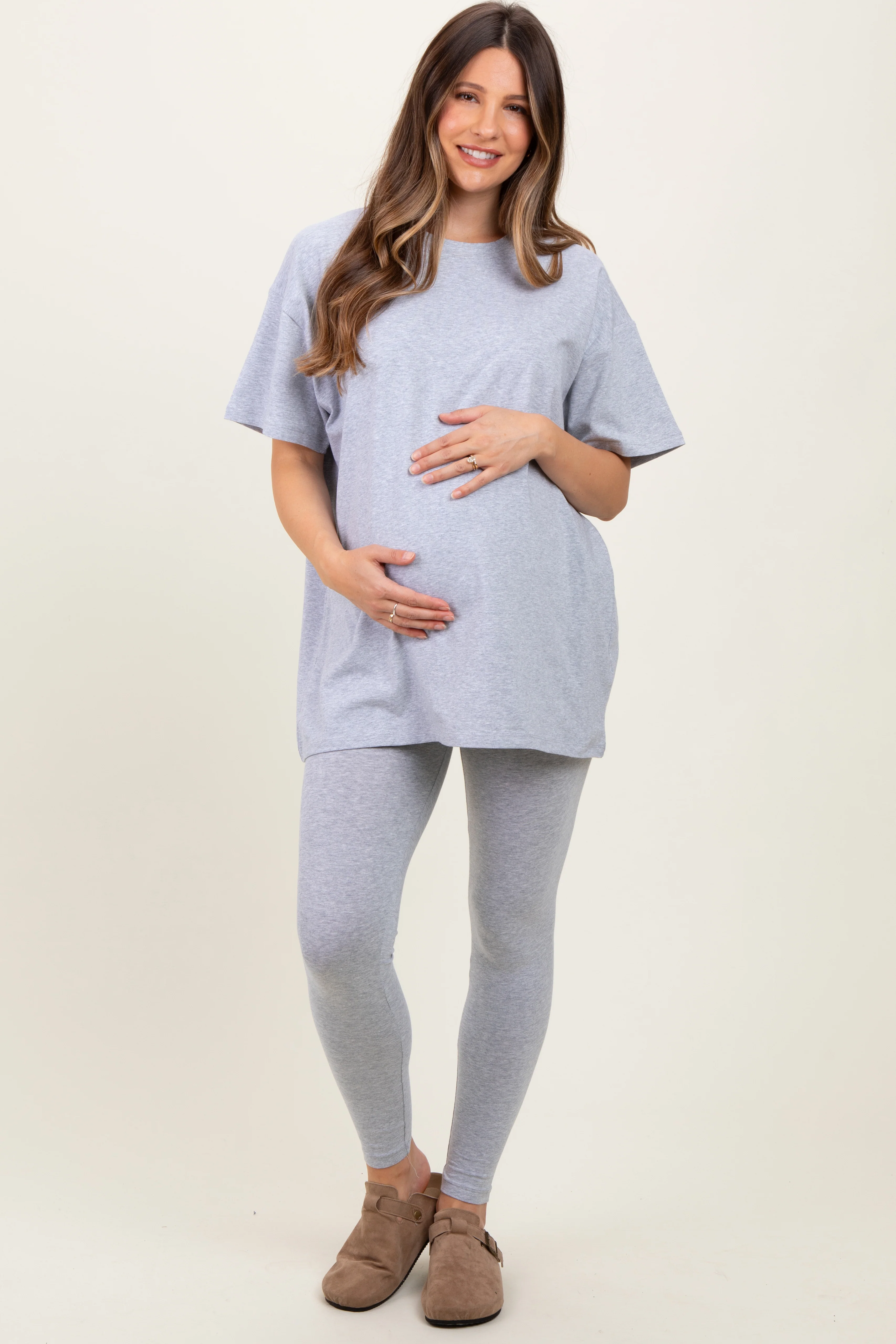 Heather Grey Oversized Crewneck Short Sleeve and Legging Maternity Set - Image 2