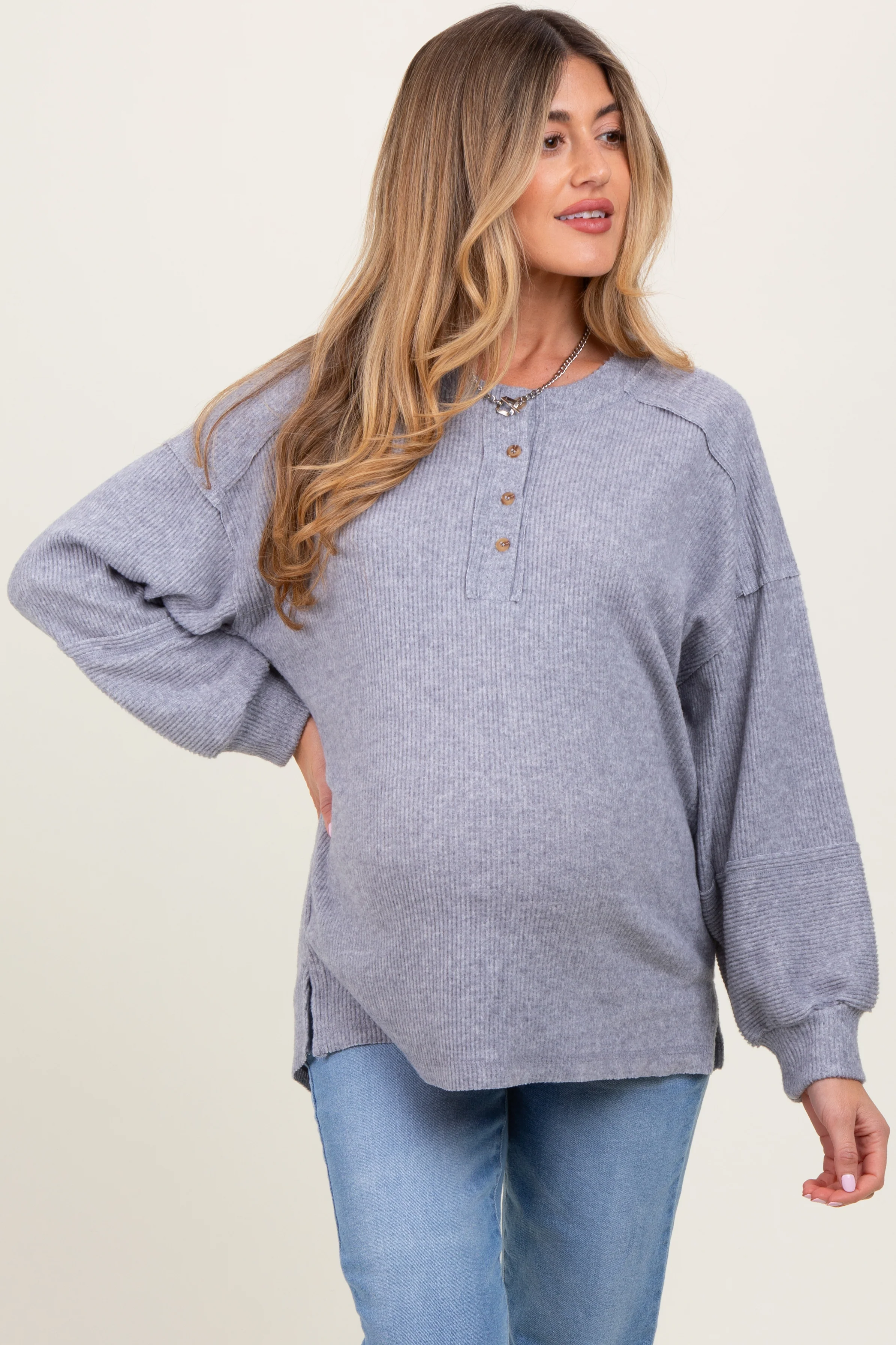 Heather Grey Oversized Ribbed Knit Henley Maternity Sweater - Image 2