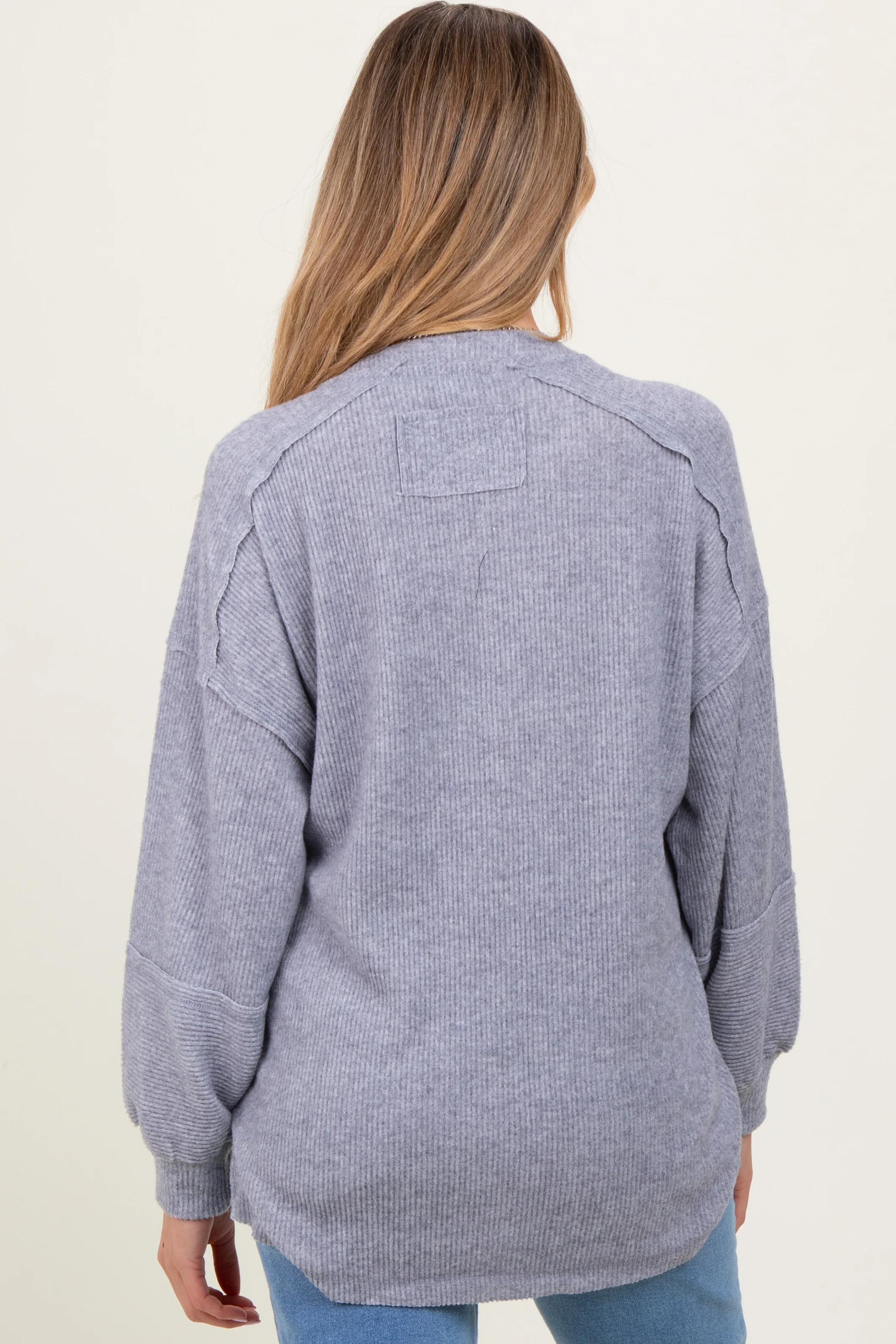 Heather Grey Oversized Ribbed Knit Henley Maternity Sweater - Image 3