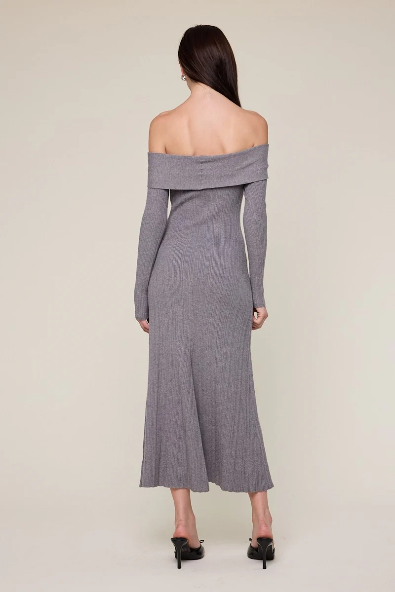 Heather Grey Ribbed Knit Off Shoulder Midi Dress - Image 4