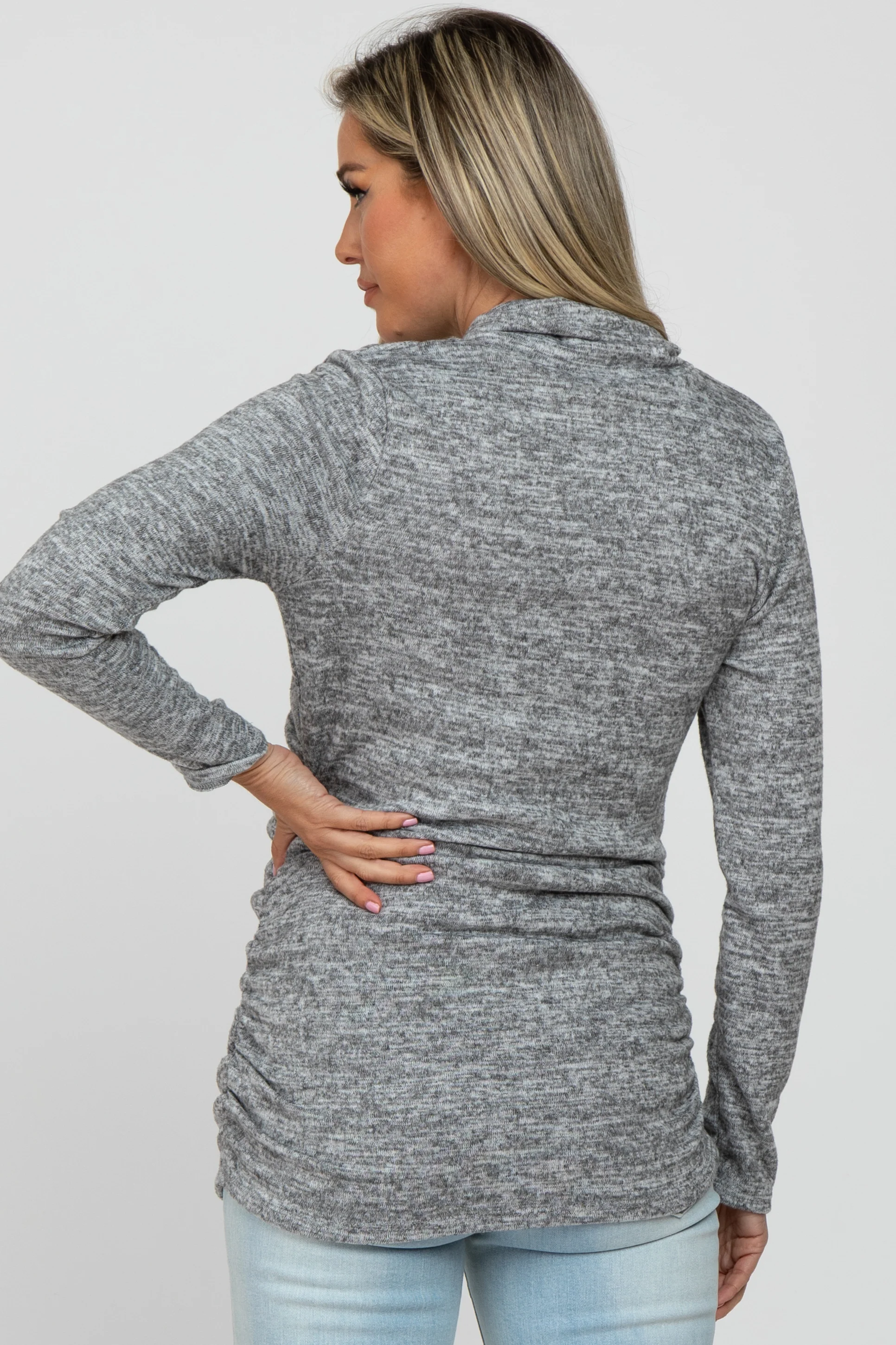 Heather Grey Soft Heathered Draped Wrap Maternity/Nursing Top - Image 4