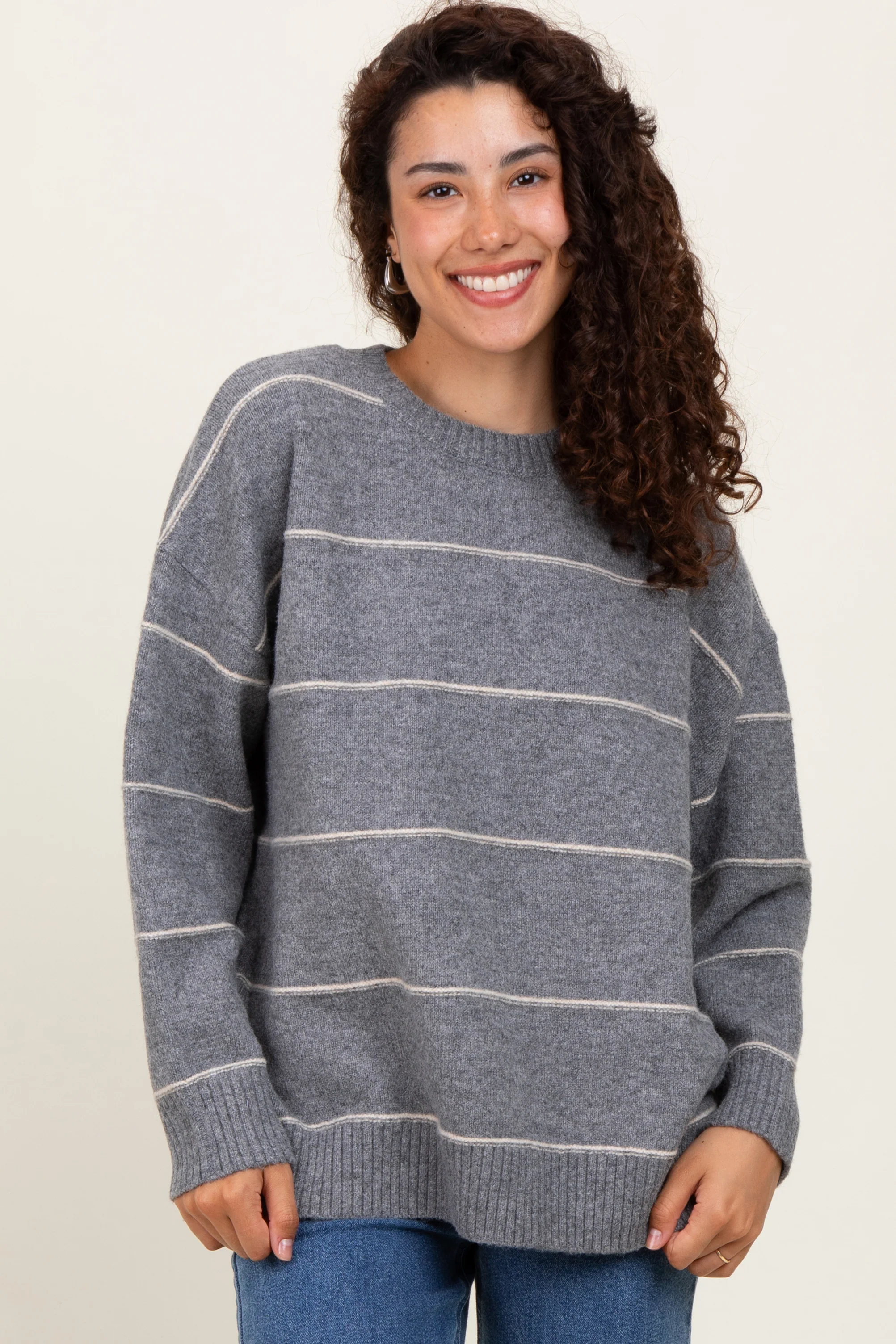 Heather Grey Striped Drop Shoulder Maternity Sweater - Image 4