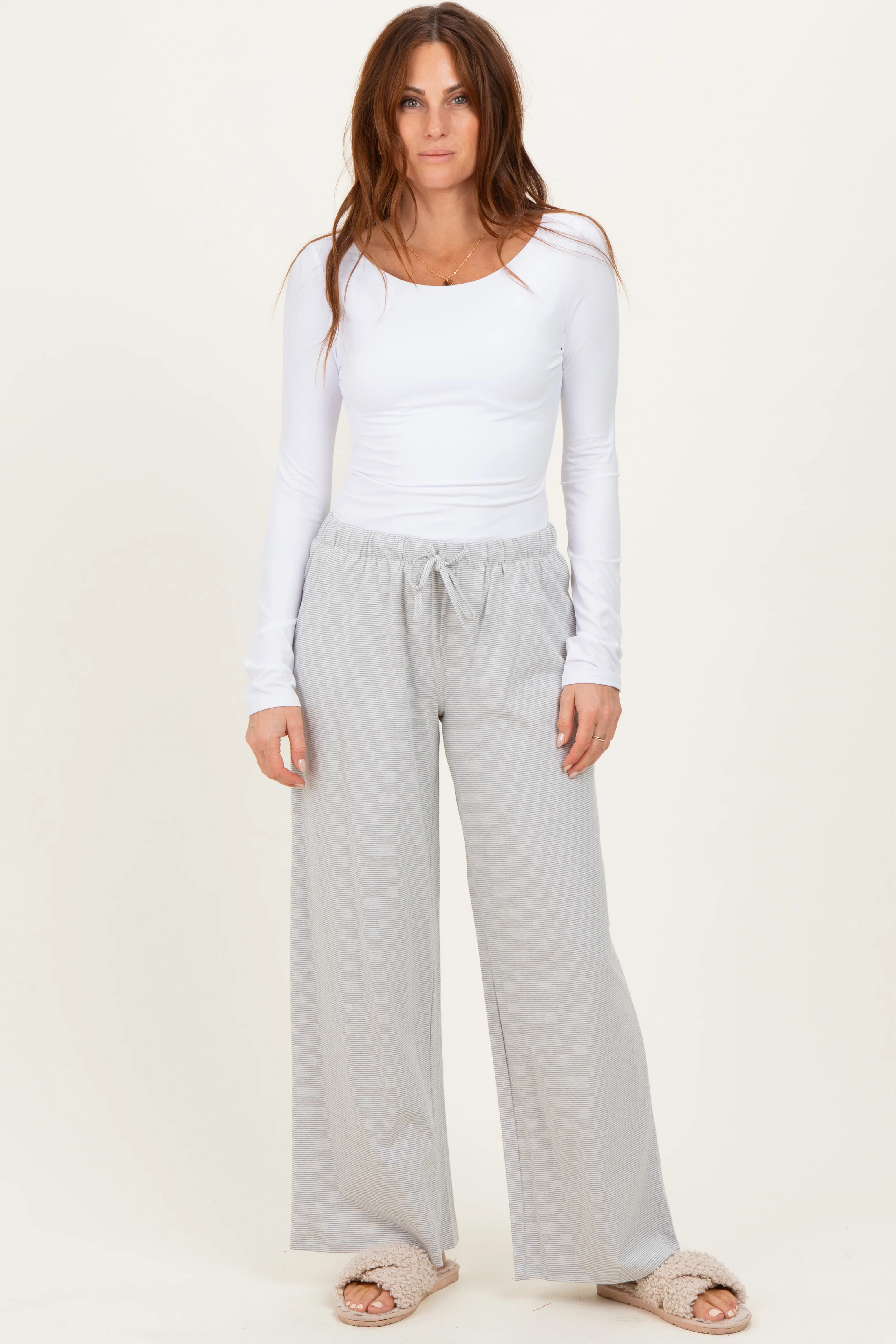 Heather Grey Striped Front Tie Maternity Lounge Pants - Image 5