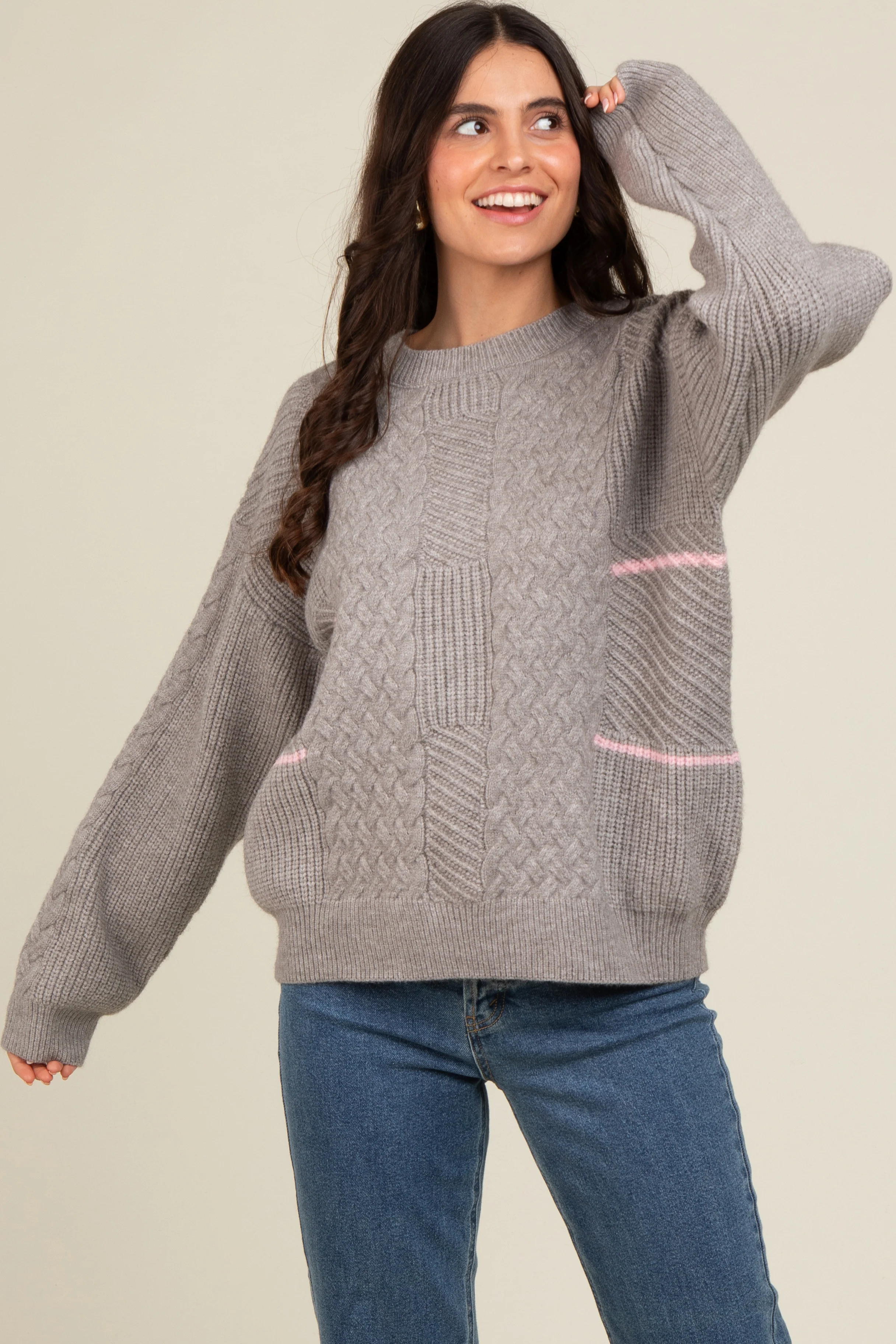 Heather Grey Striped Mixed Cable Knit Sweater - Image 5