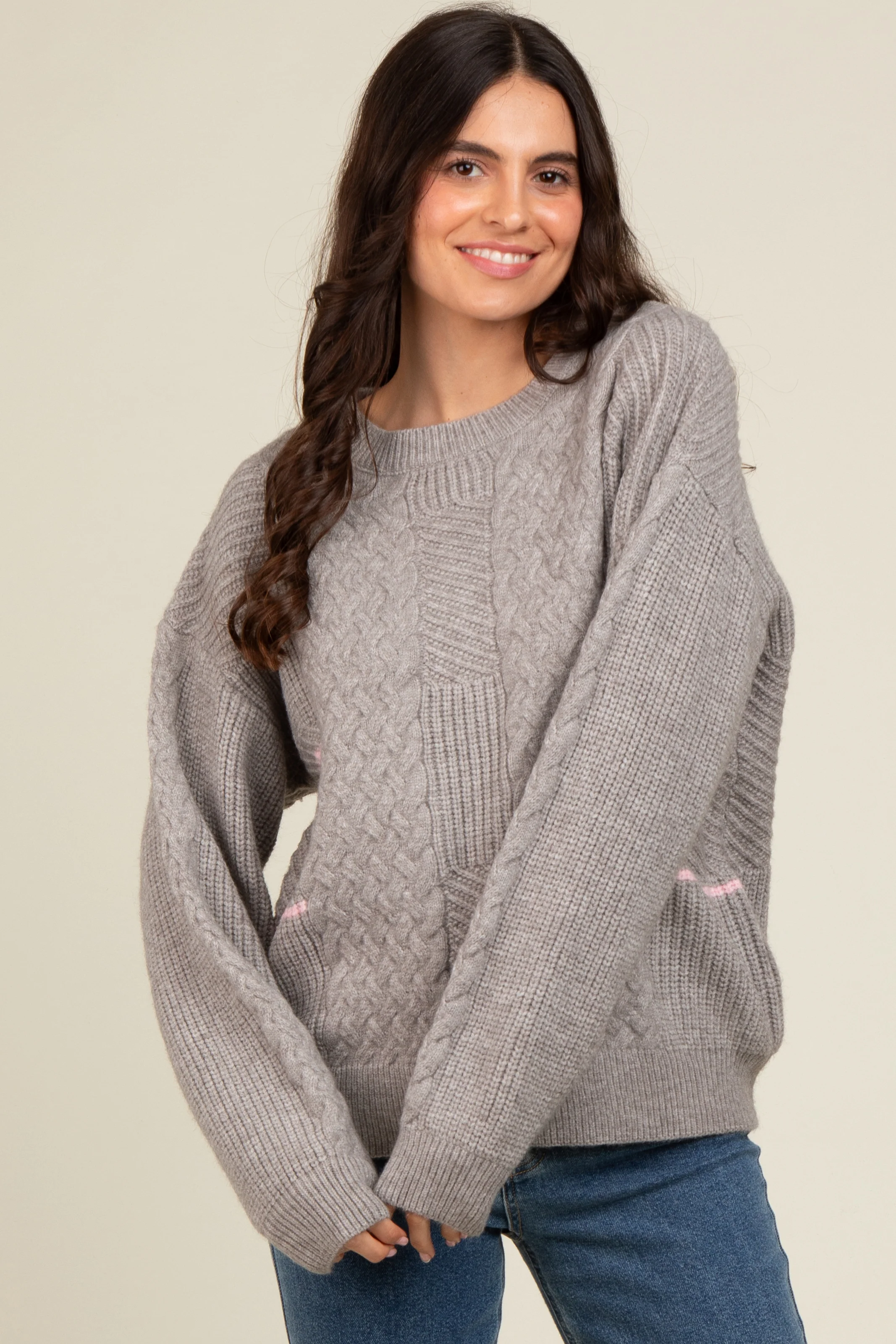 Heather Grey Striped Mixed Cable Knit Sweater - Image 6