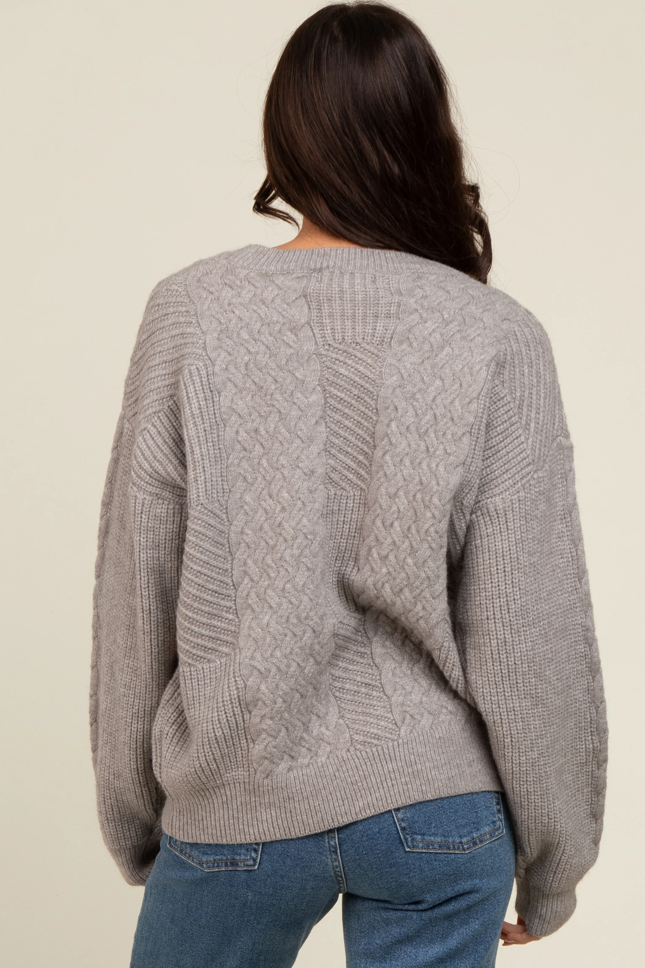 Heather Grey Striped Mixed Cable Knit Sweater - Image 8