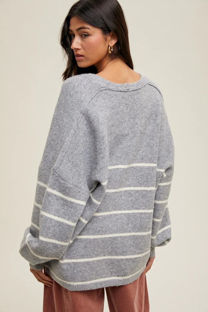 Heather Grey Striped Oversized Cardigan - Image 3