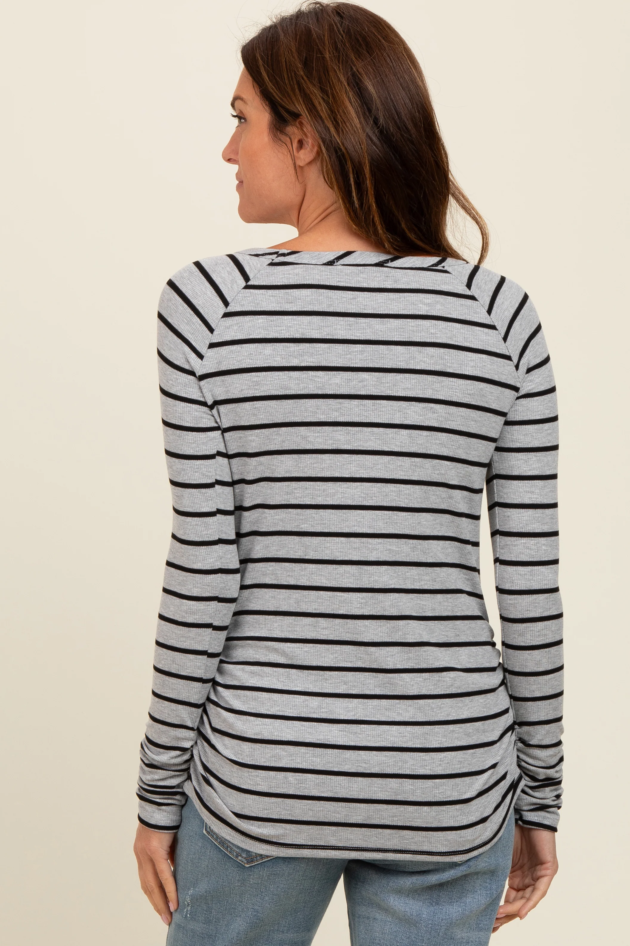 Heather Grey Striped Ruched Side Long Sleeve Top - Image 3