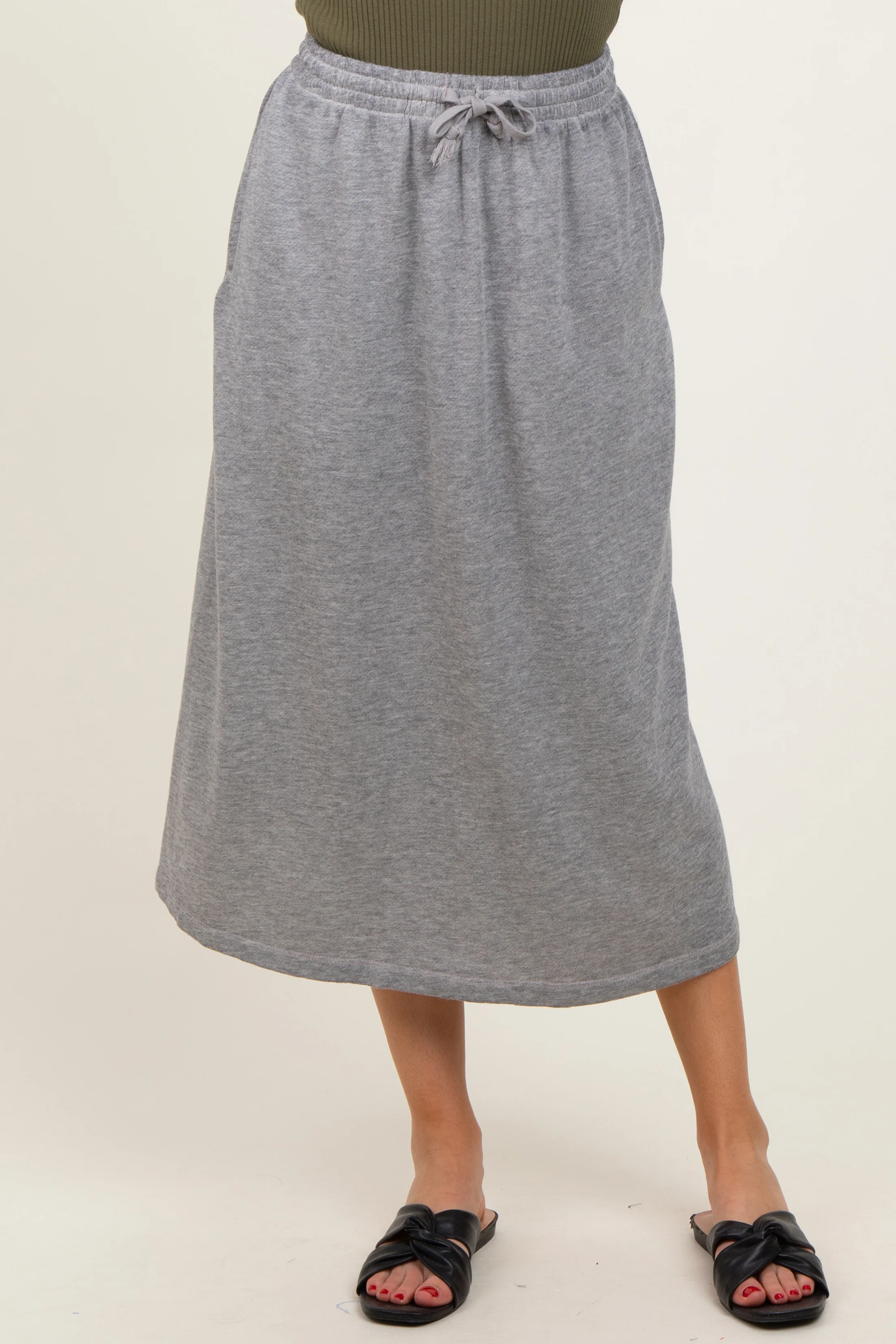 Heather Grey Terry Drawstring Midi Skirt - Image 3