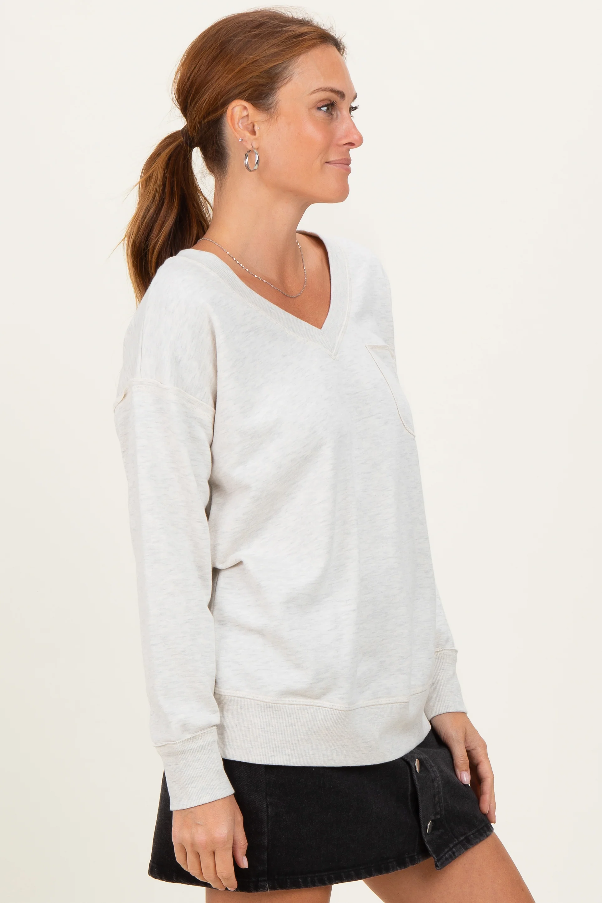 Heather Grey V-Neck Long Sleeve Pullover Top - Image 3