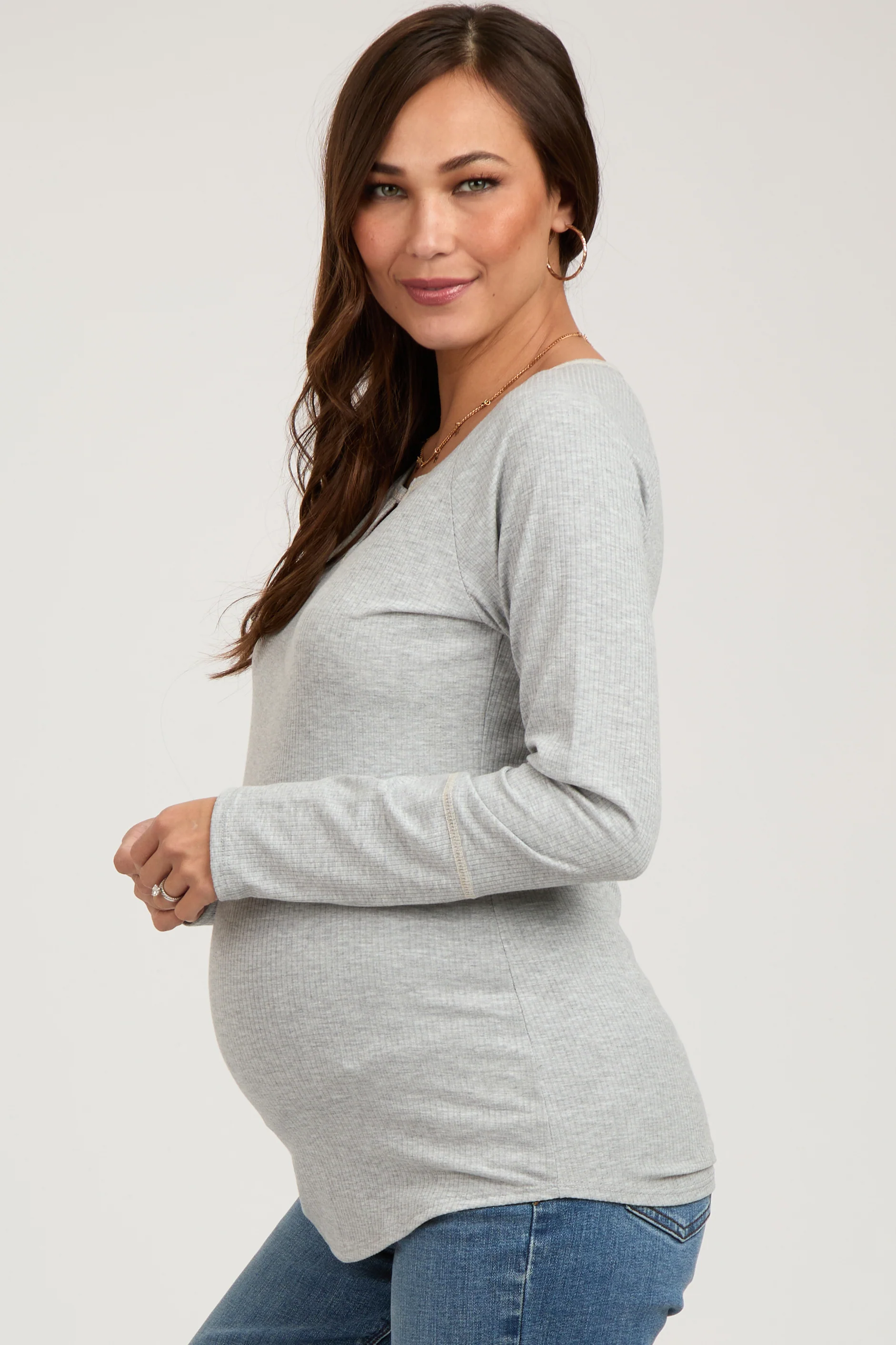 Heather Grey V-Neck Maternity Long Sleeve Shirt - Image 3