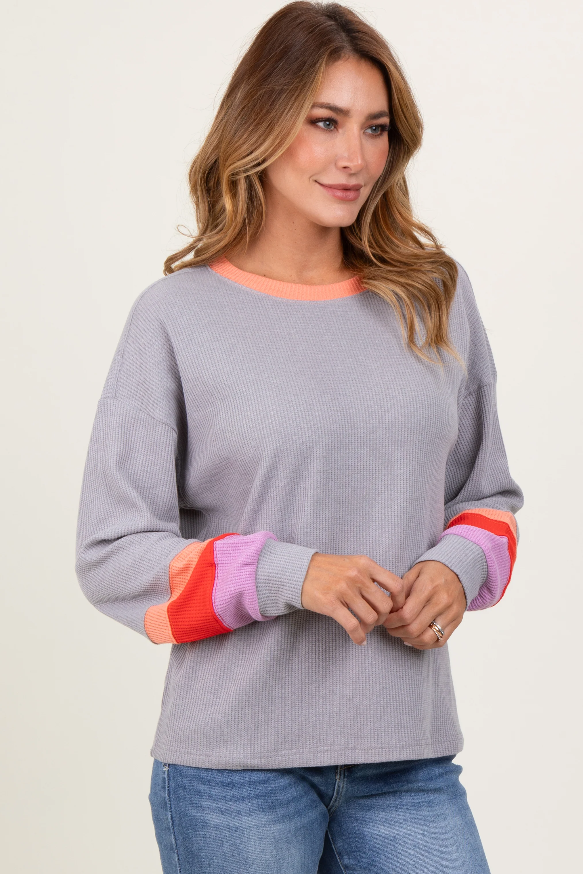 Heather Grey Waffle Knit Colorblock Long Sleeve Top - Image 3