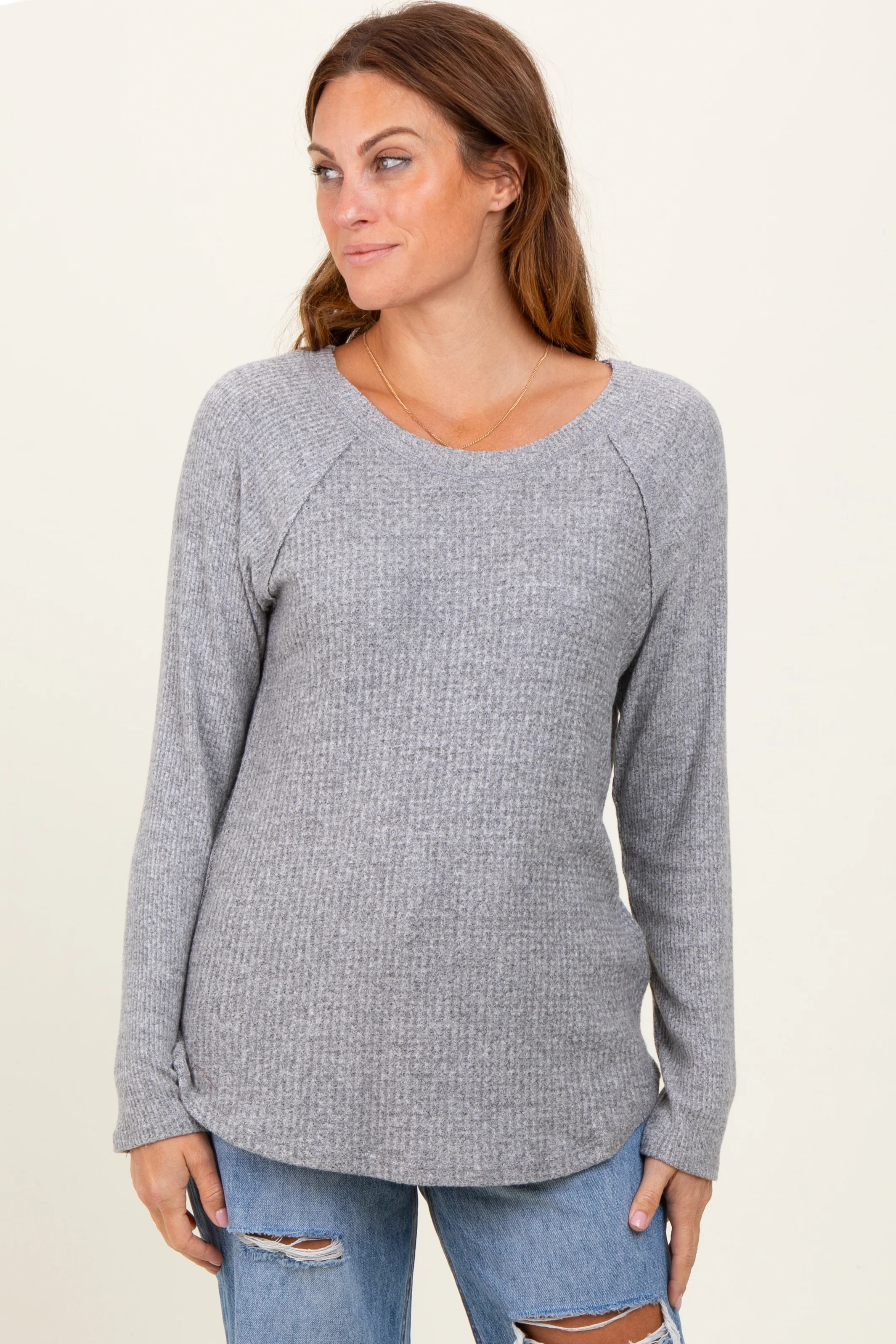 Heather Grey Waffle Knit Raglan Long Sleeve Top - Image 2