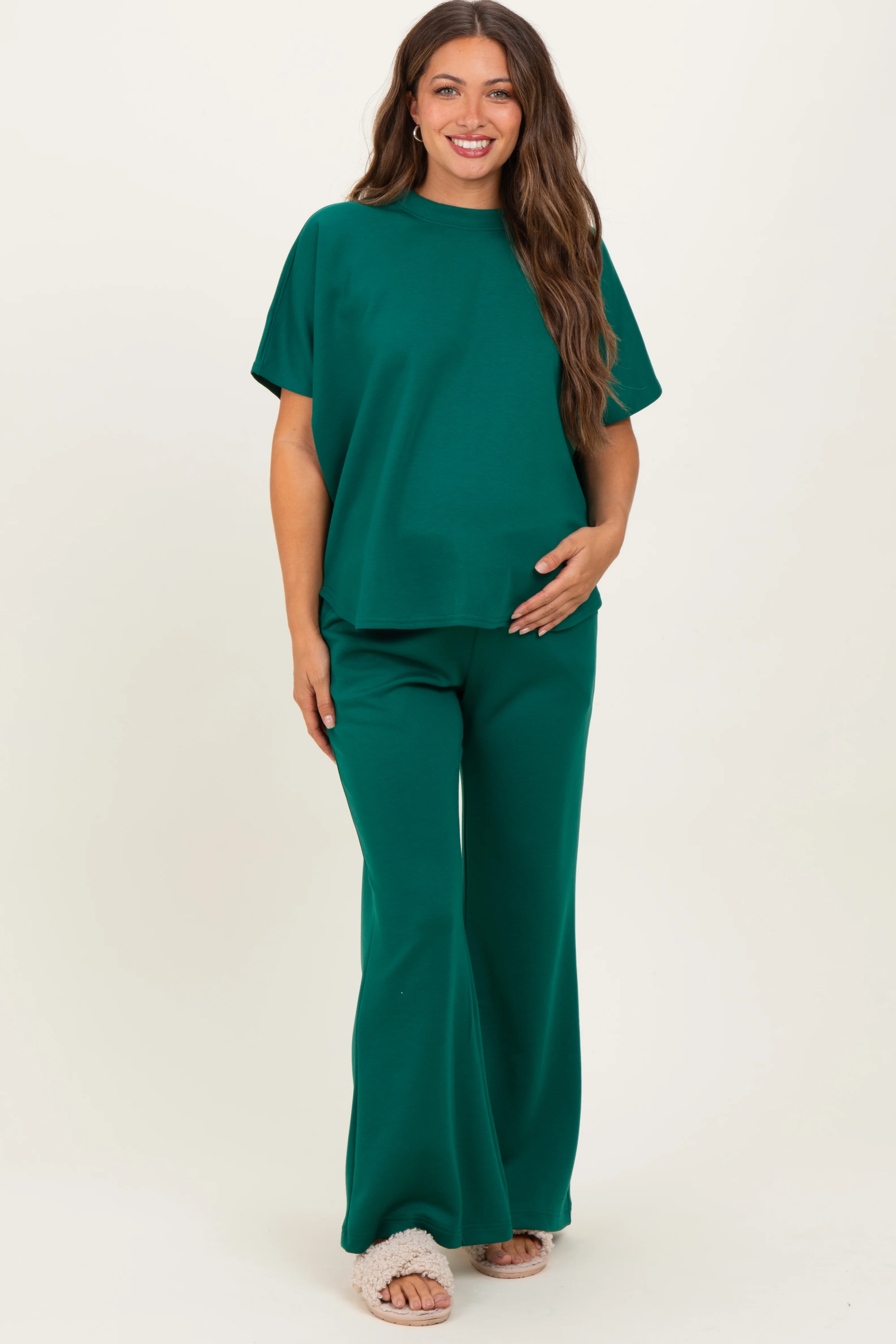 Hunter Green Curved Hem Tee Pants Maternity Lounge Set - Image 2