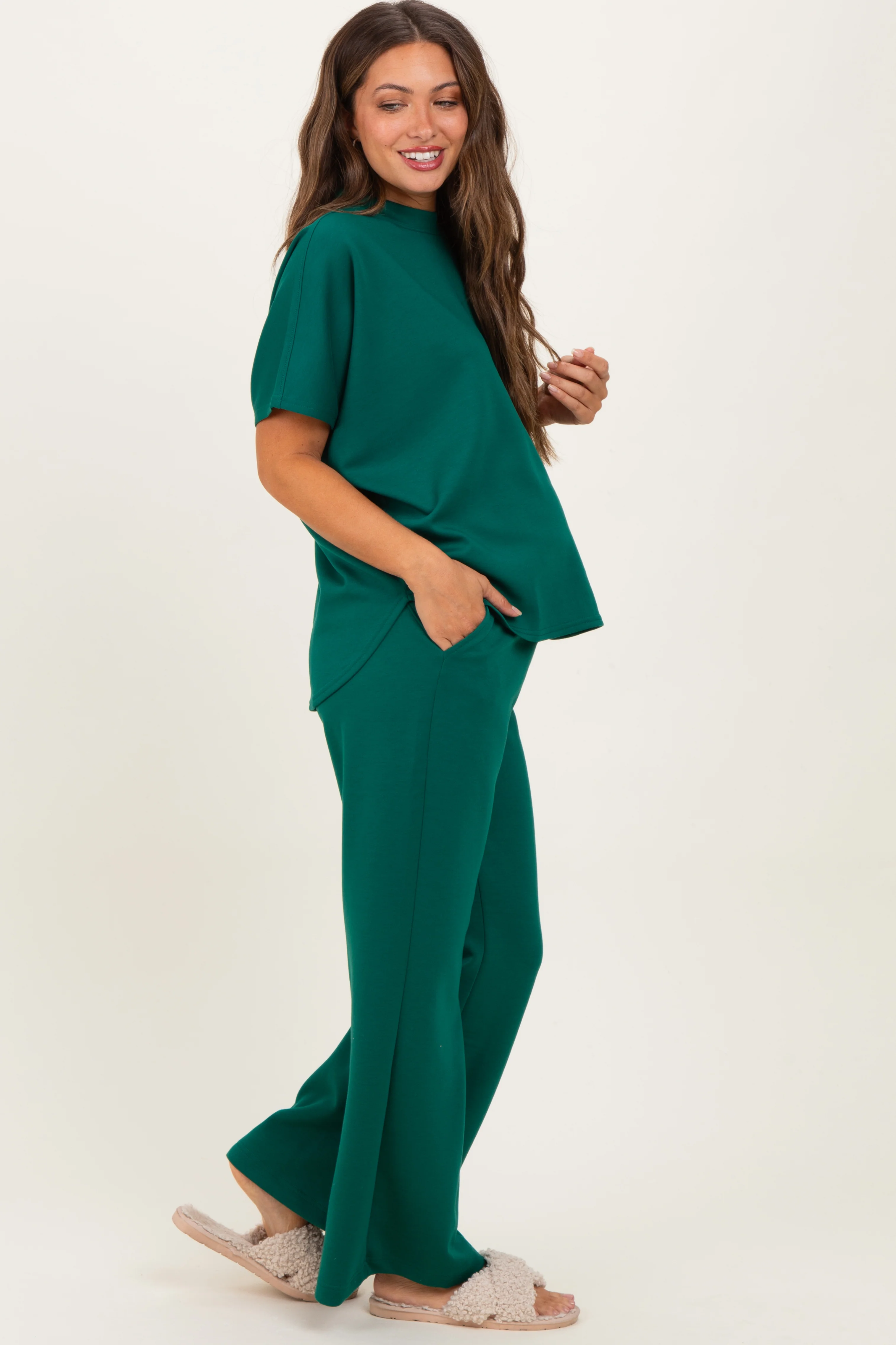 Hunter Green Curved Hem Tee Pants Maternity Lounge Set - Image 3