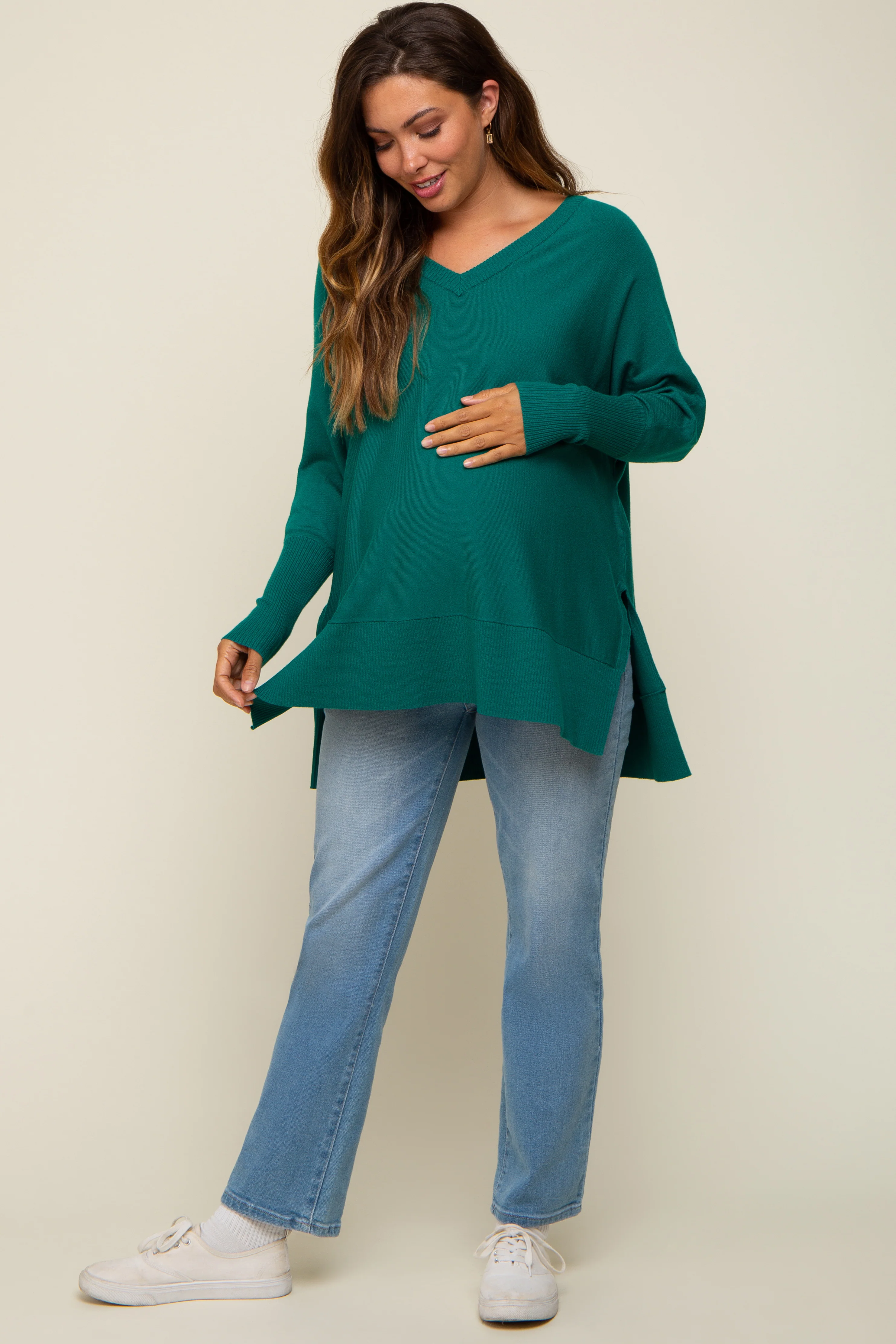 Hunter Green Knit Long Dolman Sleeve Maternity Top - Image 4