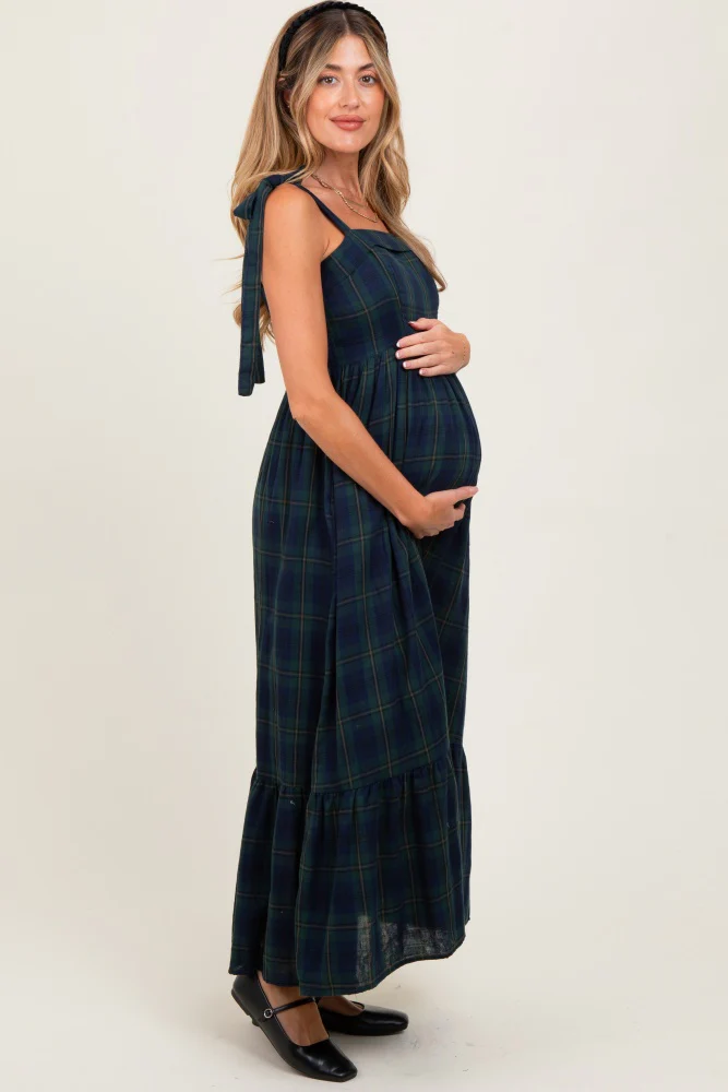 Hunter Green Plaid Sleeveless Cotton Maternity Maxi Dress - Image 3