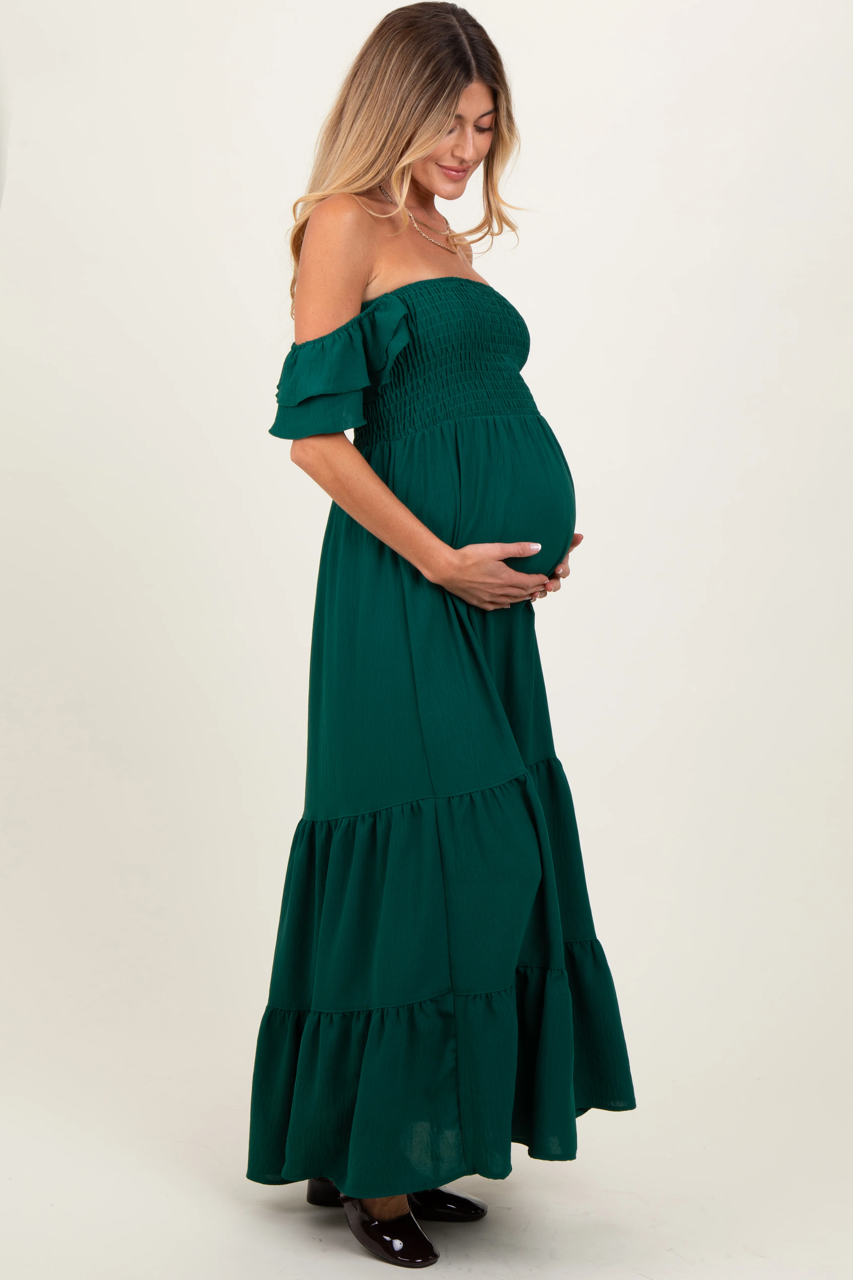 Hunter Green Smocked Ruffle Off Shoulder Tiered Maternity Maxi Dress - Image 3