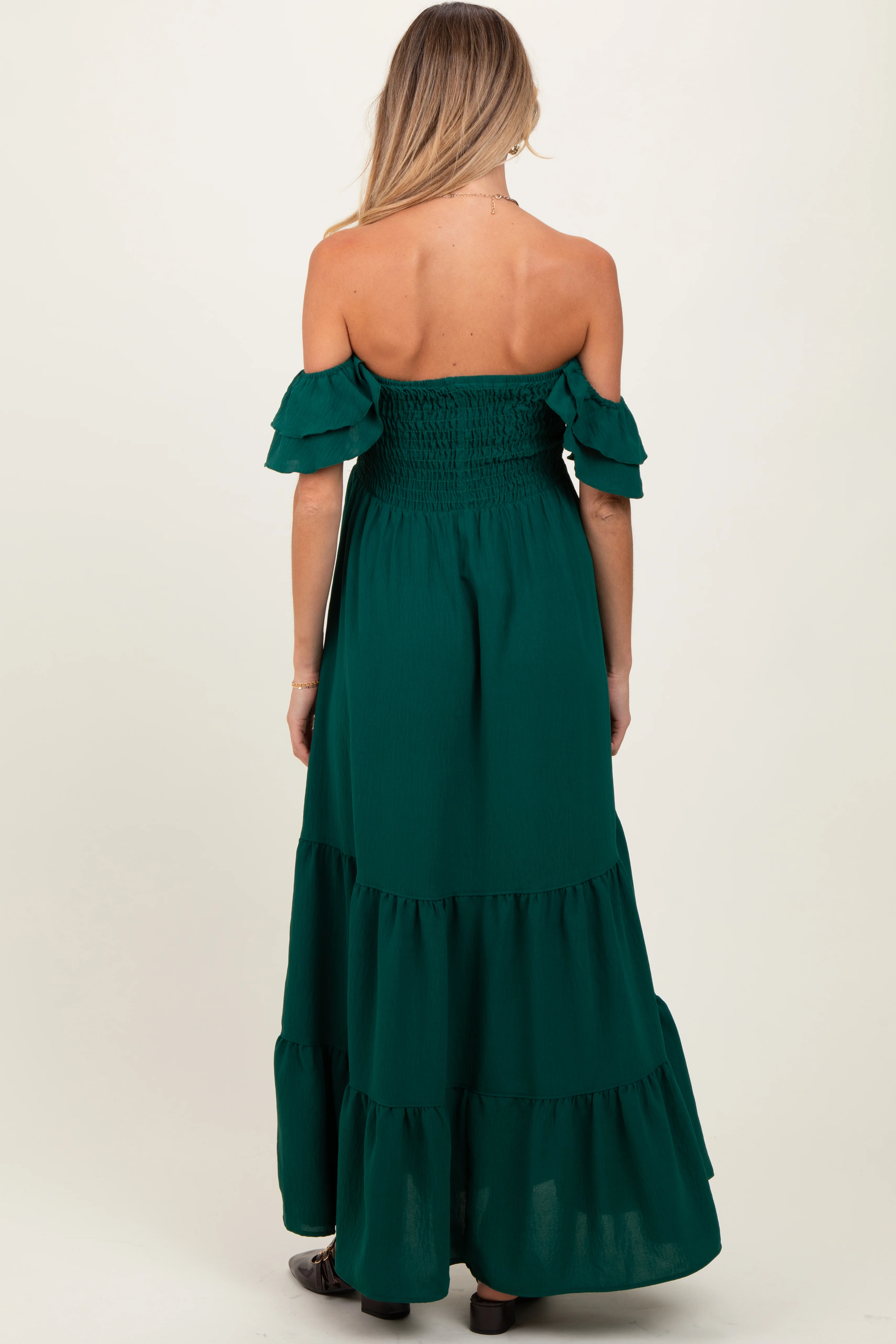 Hunter Green Smocked Ruffle Off Shoulder Tiered Maternity Maxi Dress - Image 4