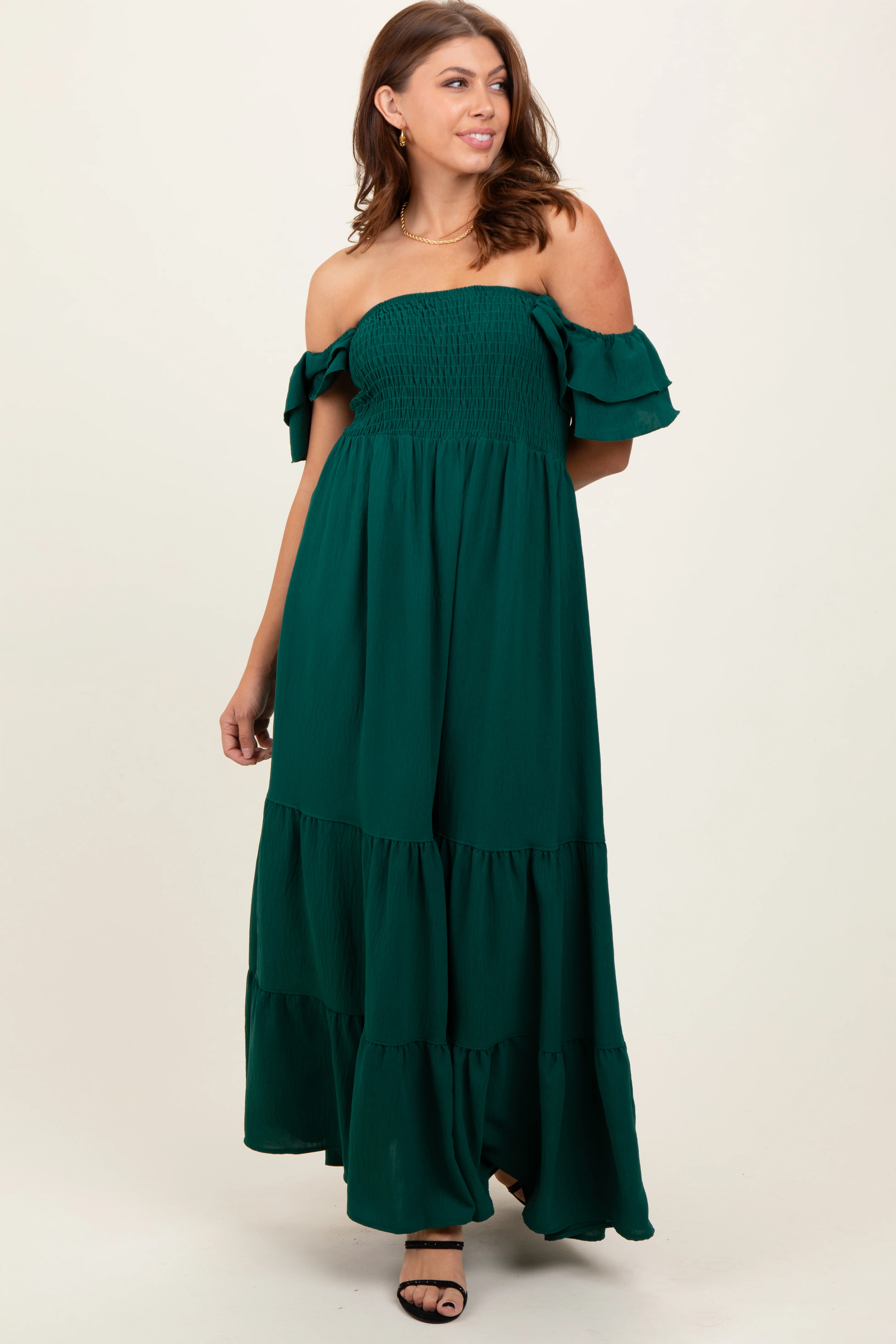 Hunter Green Smocked Ruffle Off Shoulder Tiered Maternity Maxi Dress - Image 5