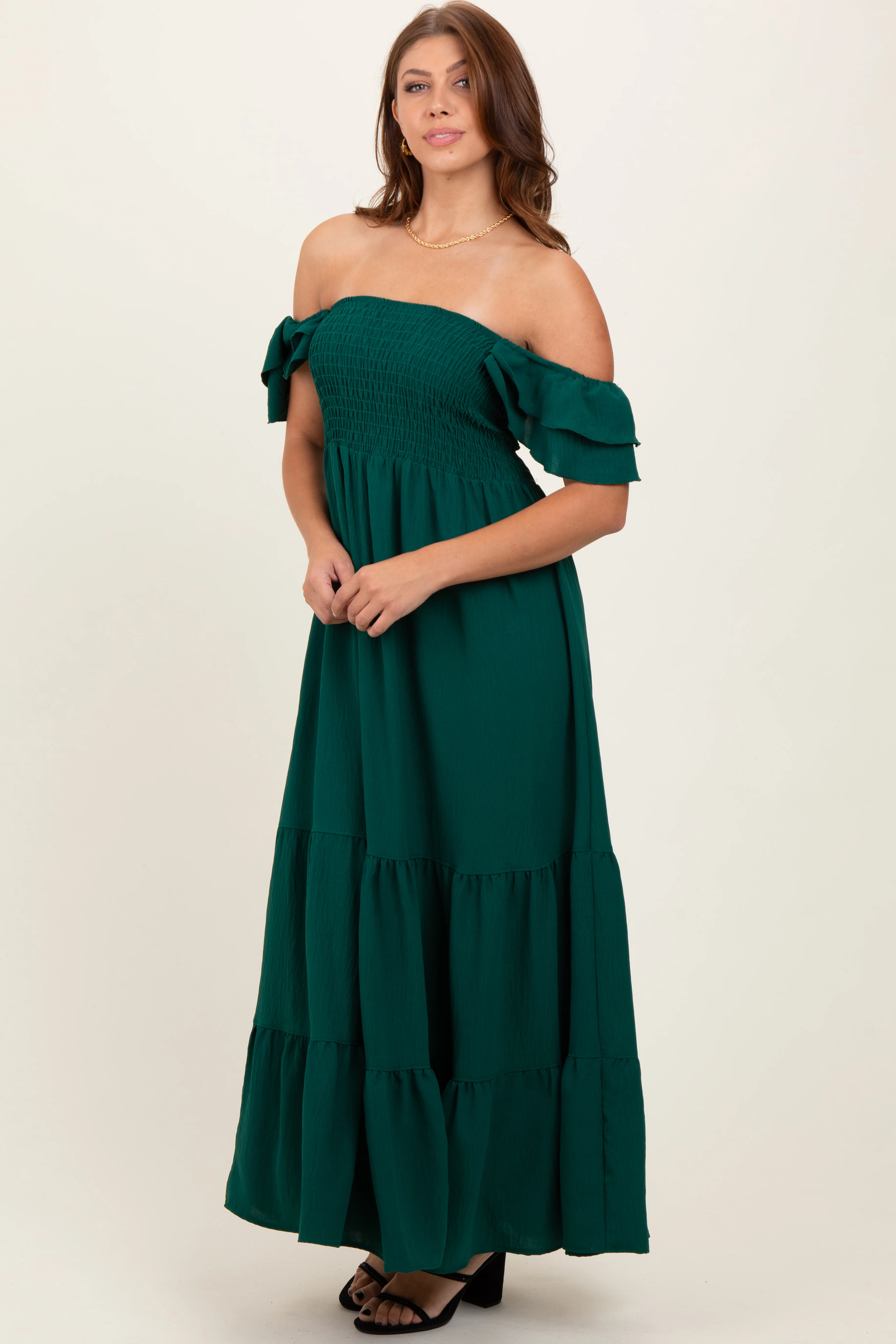 Hunter Green Smocked Ruffle Off Shoulder Tiered Maxi Dress - Image 3