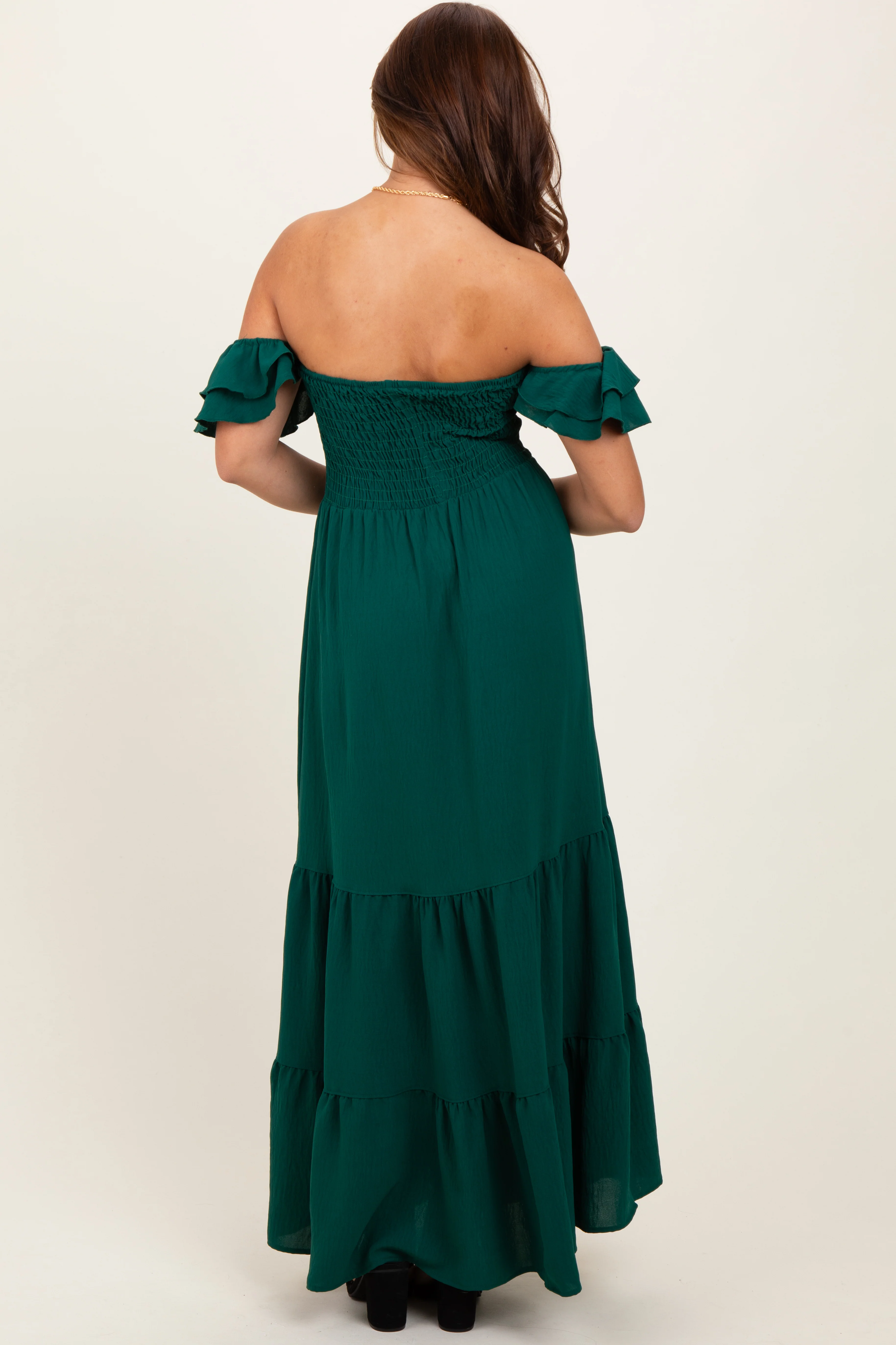 Hunter Green Smocked Ruffle Off Shoulder Tiered Maxi Dress - Image 4