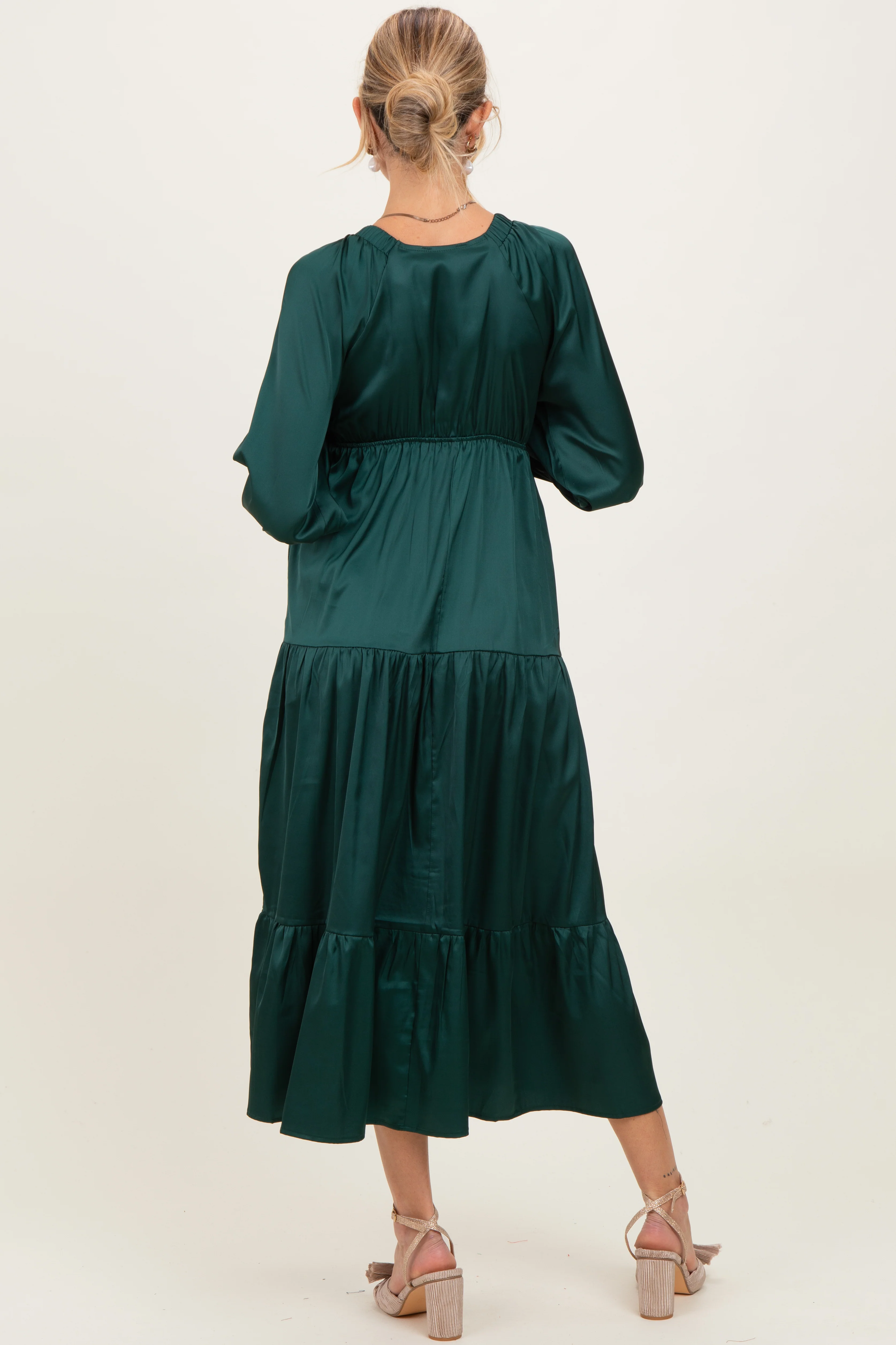 Hunter Green Solid V-Neck Satin Long Sleeve Maternity Maxi Dress - Image 4