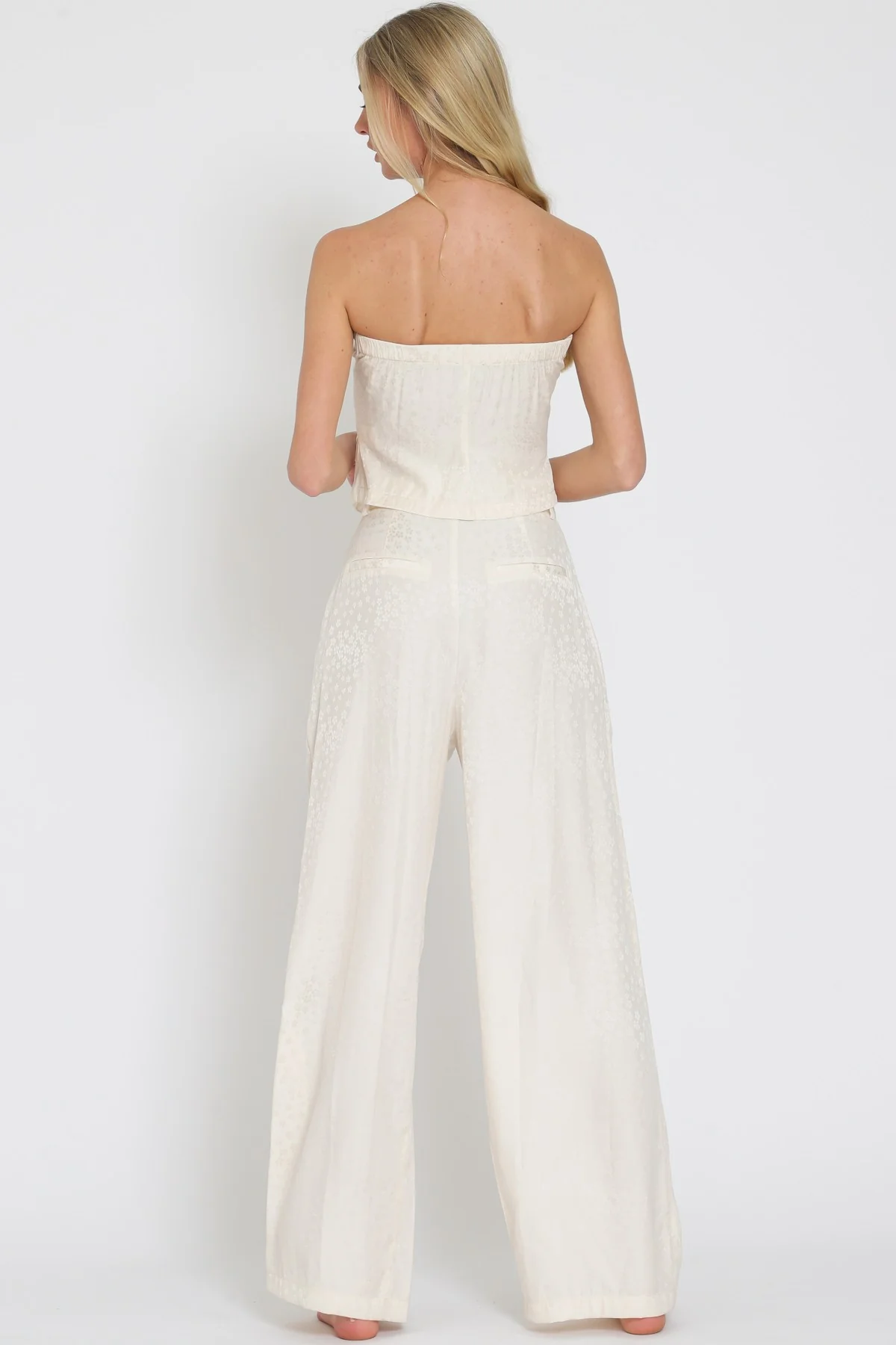 Ivory Beige Tube Vest And High Waisted Satin Long Pants Set - Image 3