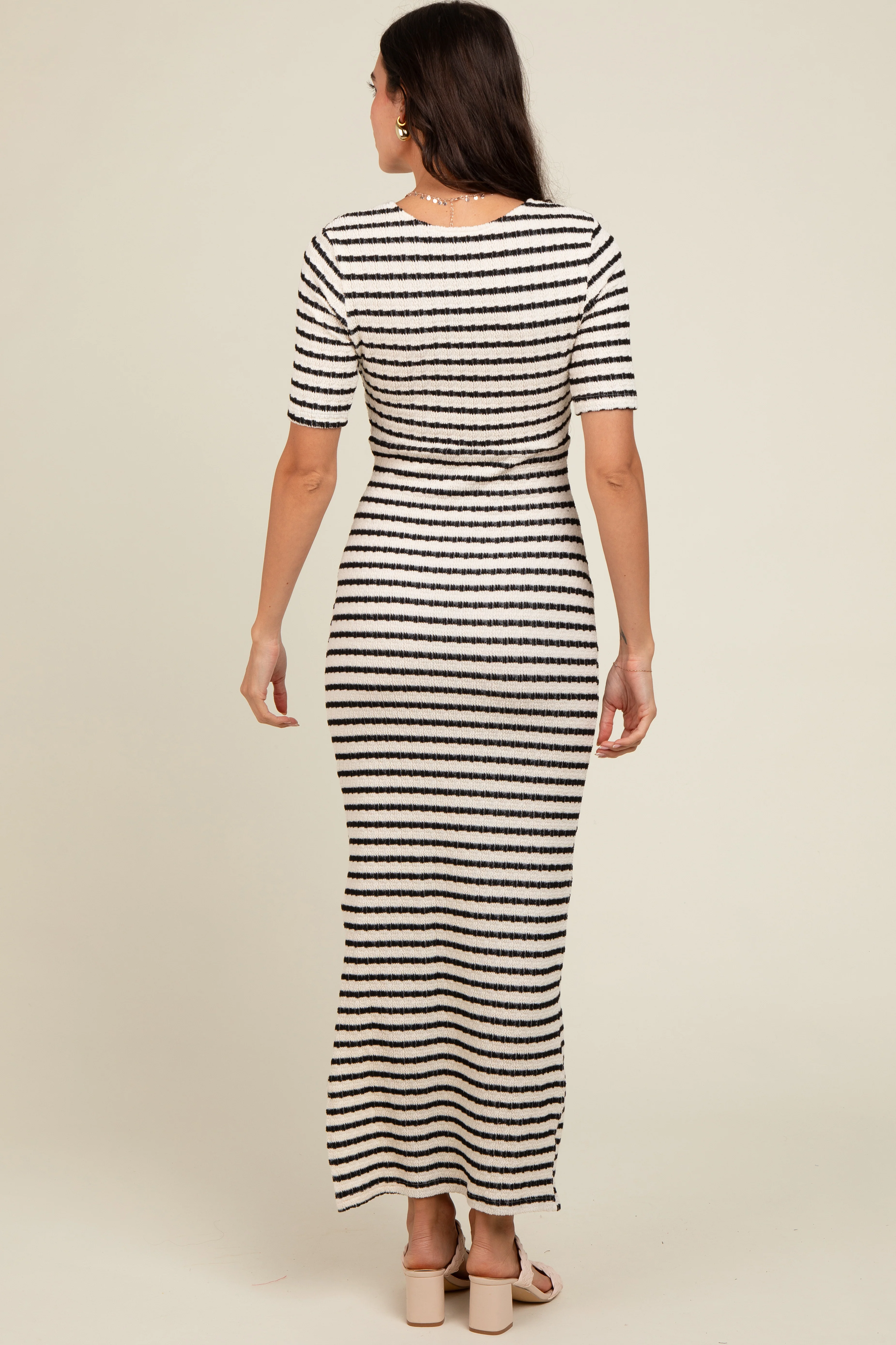 Ivory Black Striped Knit Short Sleeve Maxi Dress - Image 3