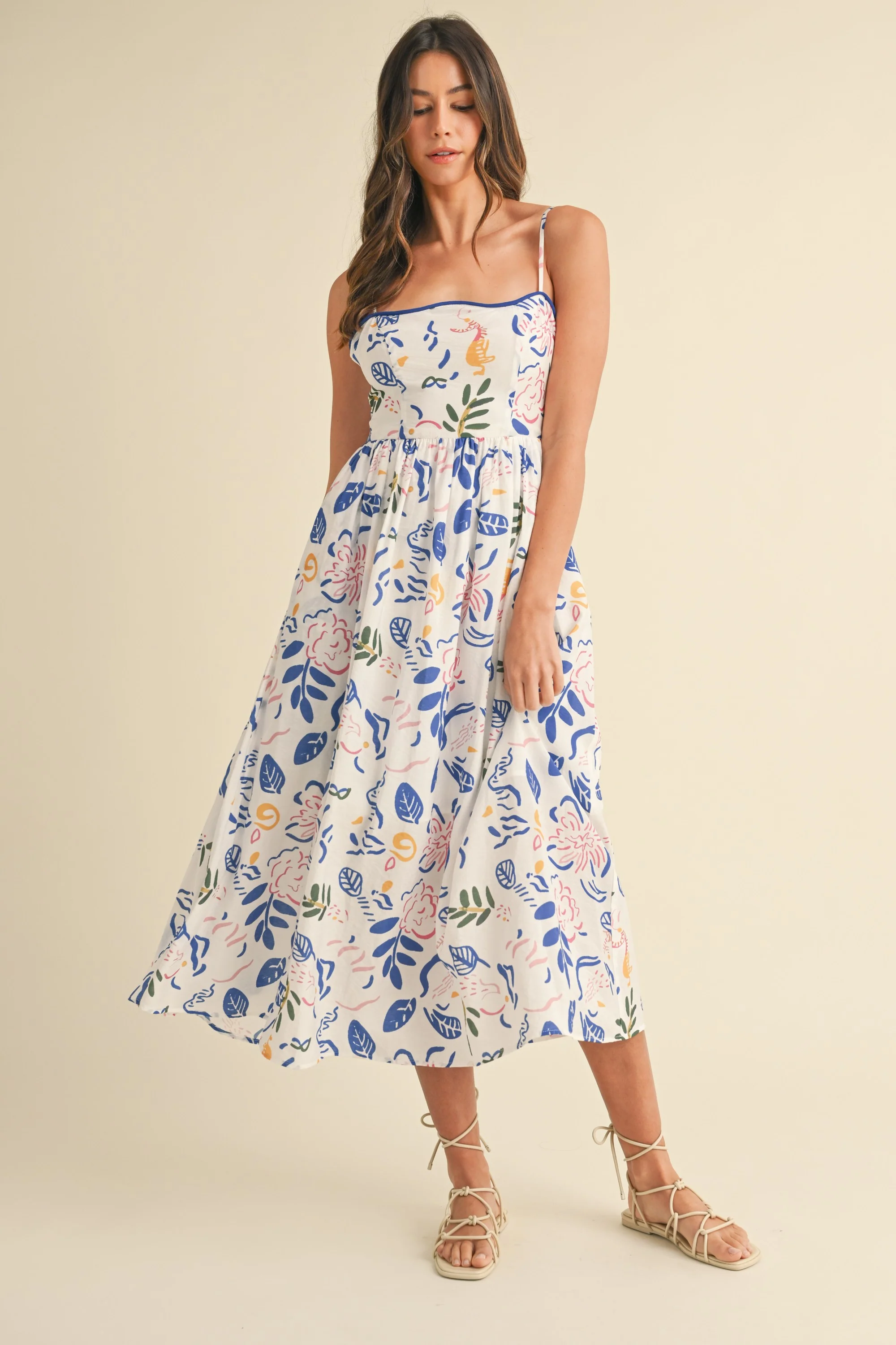 Ivory/Blue Leaf Printed Contrast Piping Detail Midi Dress