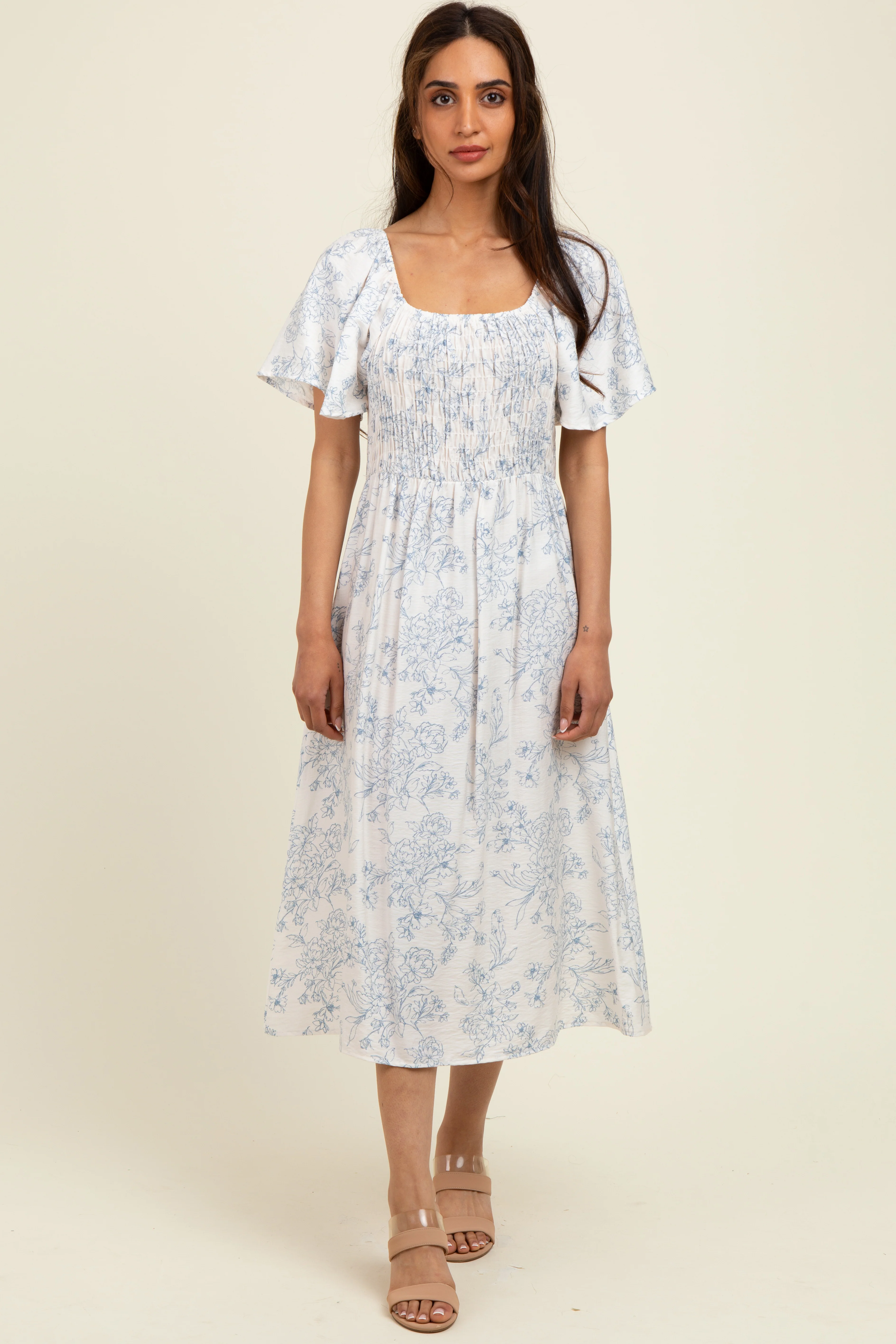 Ivory/Blue Printed Maternity Dress With Pockets - Image 3