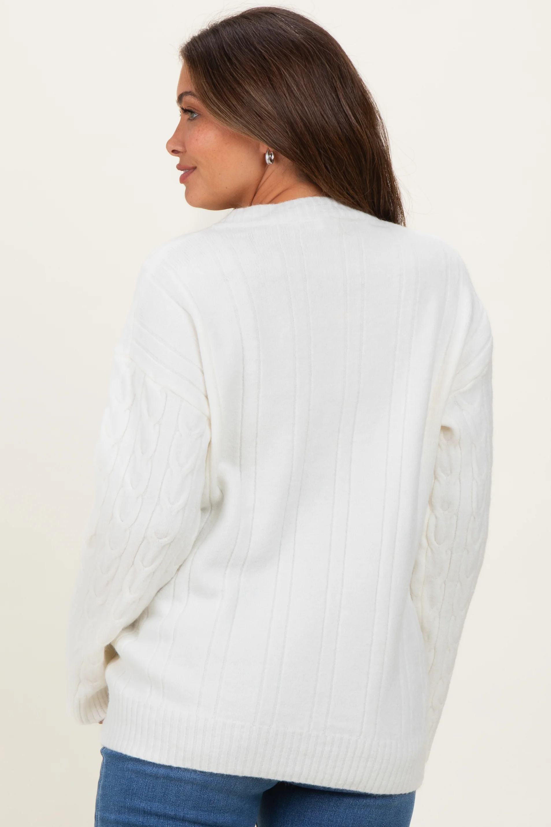 Ivory Braid Knit Pattern Soft Fluffy Maternity Sweater Top - Image 4