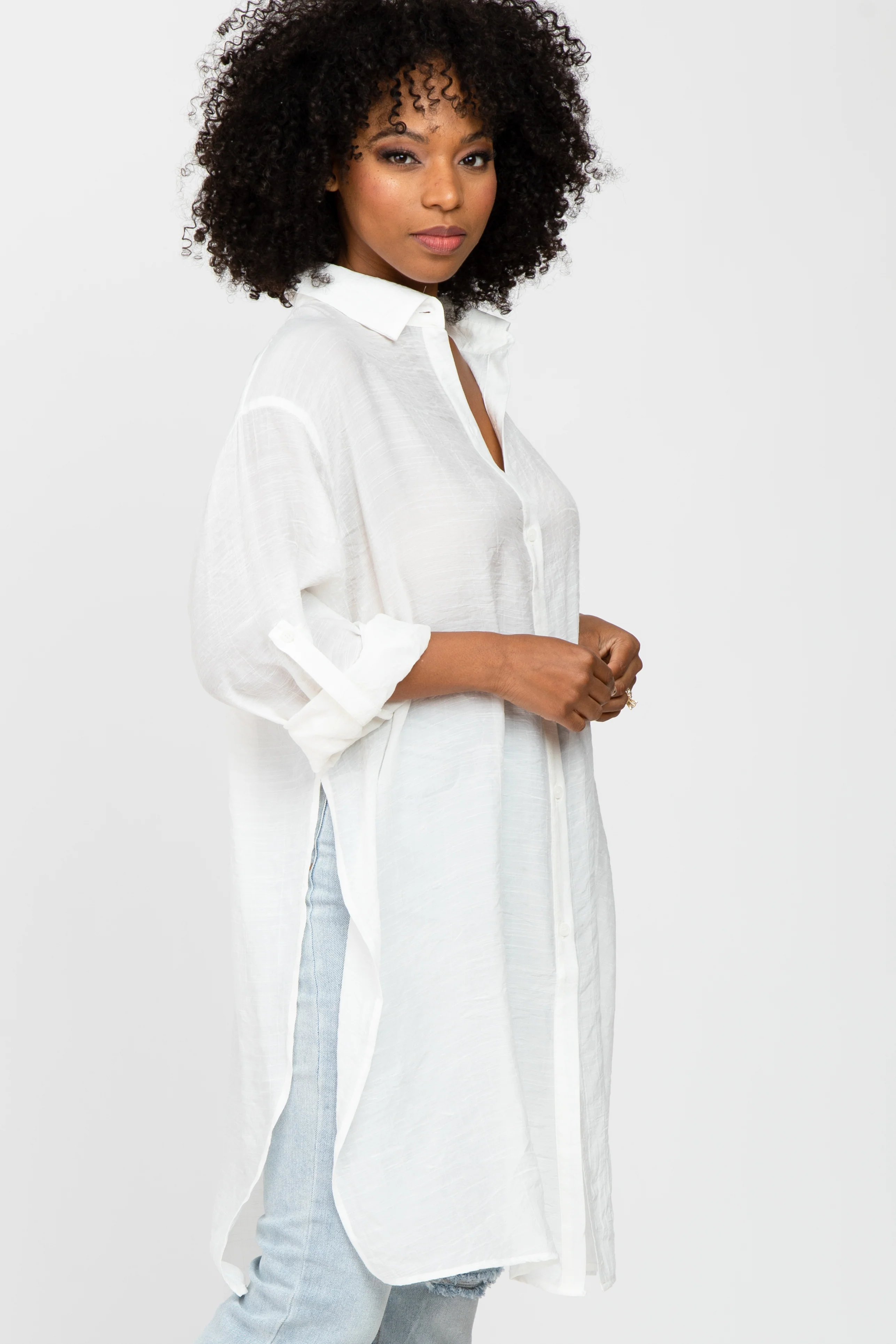 Ivory Button Front Side Slit Oversized Blouse - Image 3