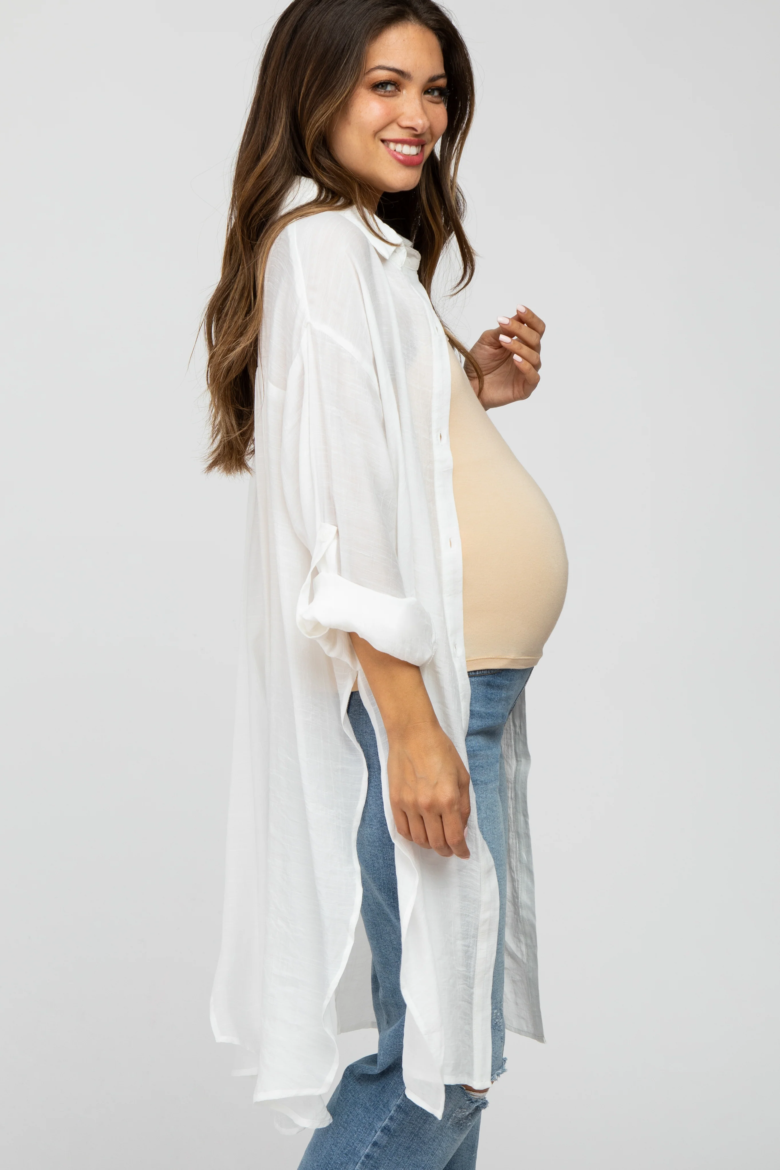 Ivory Button Front Side Slit Oversized Maternity Blouse - Image 3