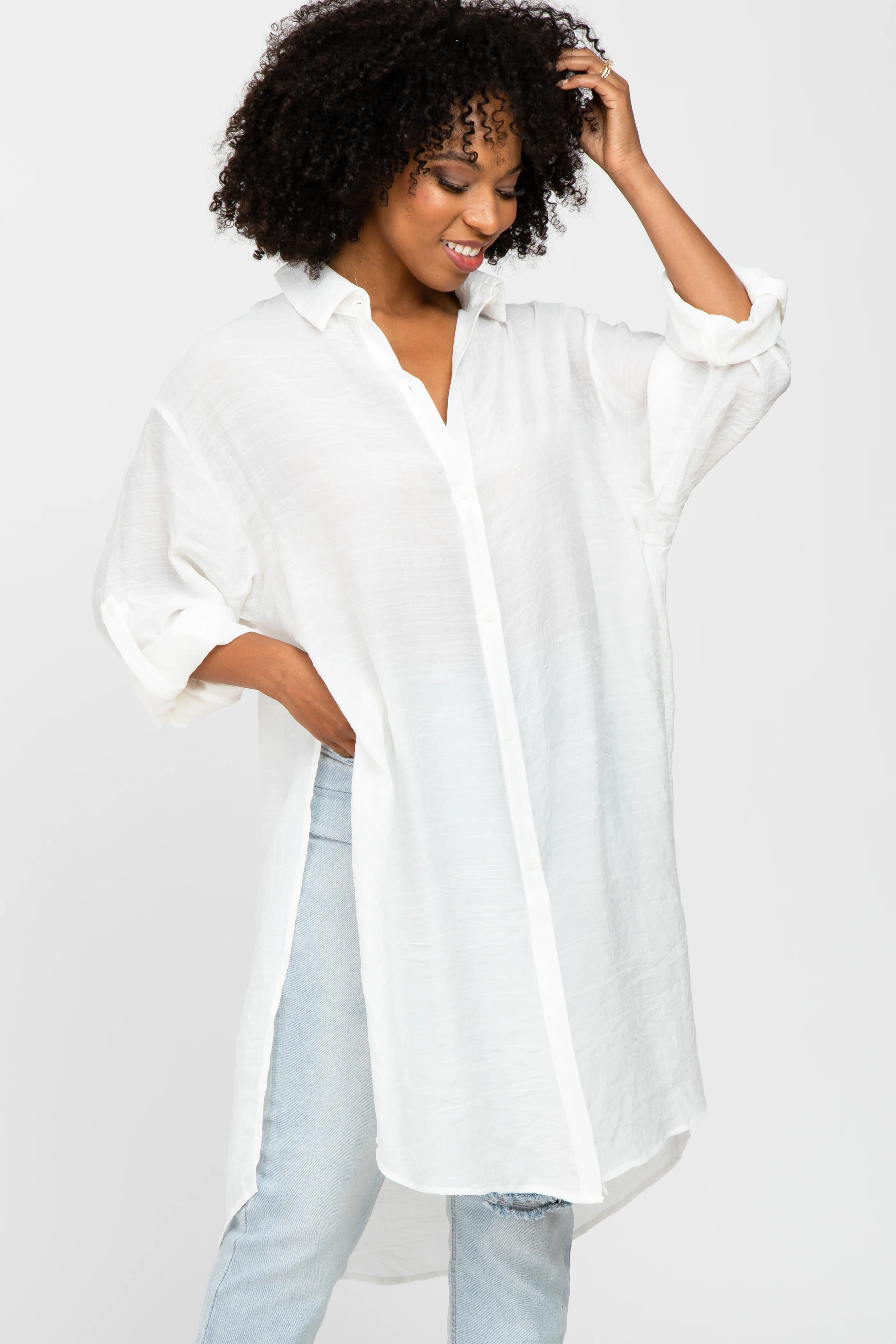 Ivory Button Front Side Slit Oversized Maternity Blouse - Image 5