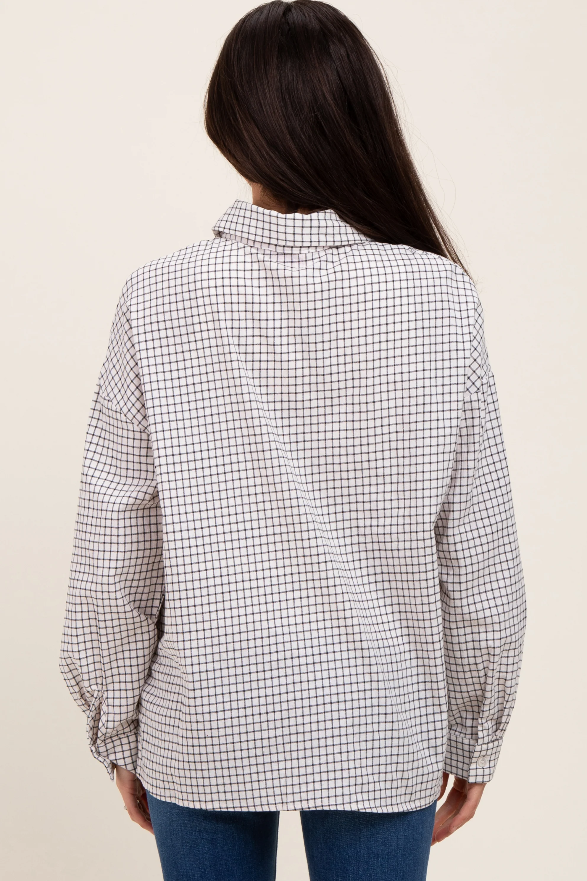 Ivory Checker Plaid Button Down Maternity Shirt - Image 4