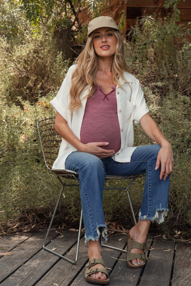 Ivory Collared Button-Down Short Sleeve Maternity Blouse - Image 5