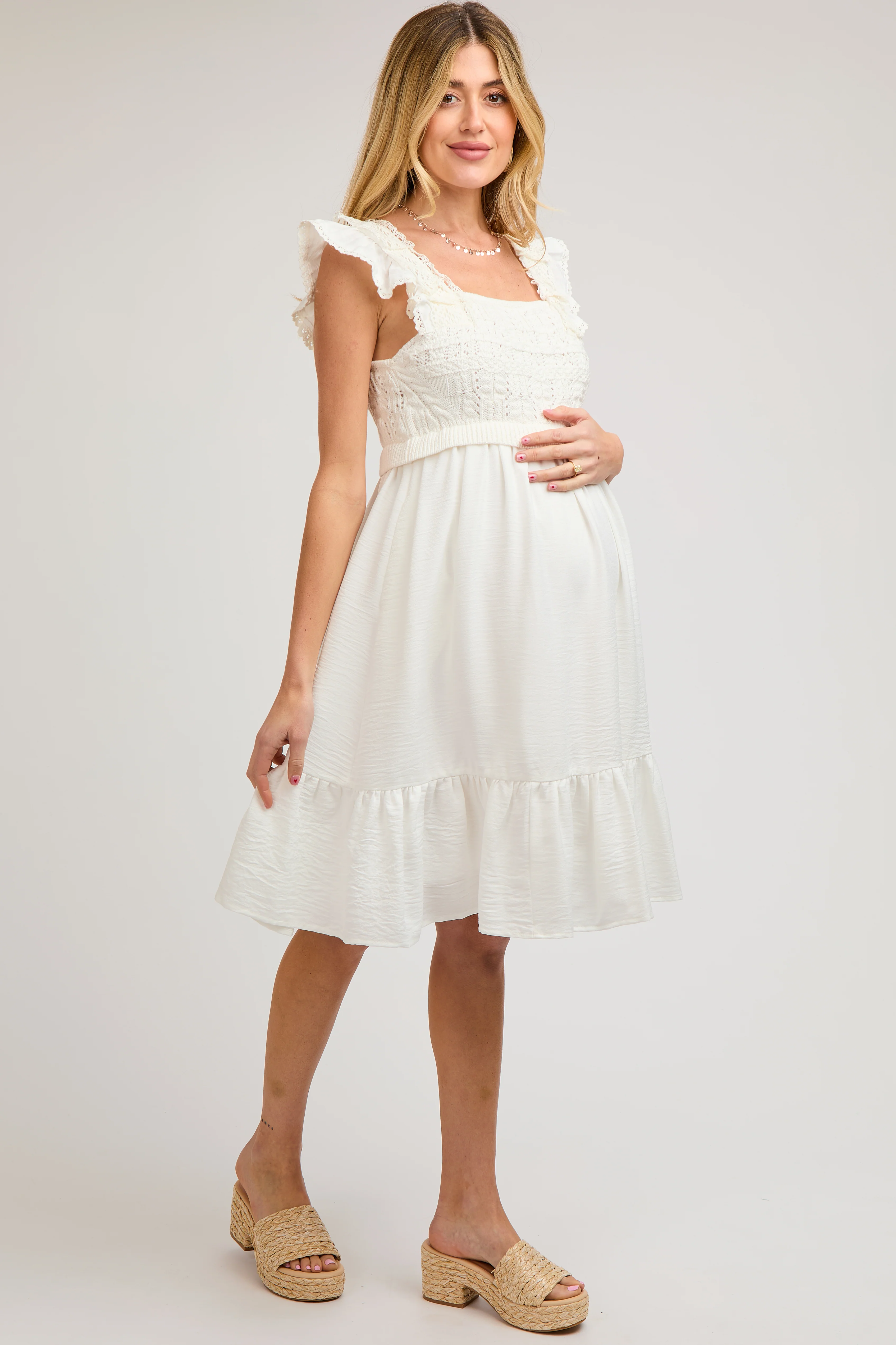 Ivory Crochet Knit Maternity Knee Length Dress - Image 4