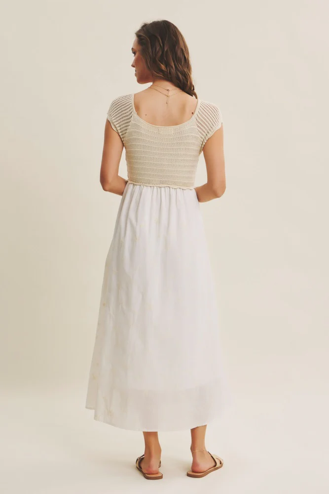 Ivory Crochet Sweater Floral Embroidery Midi Dress - Image 4